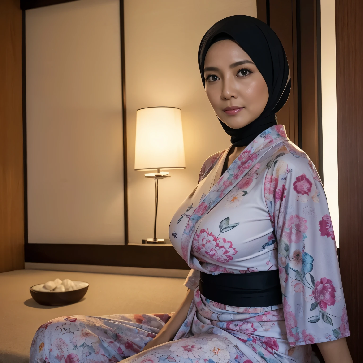 54 years Old, Hijab Indonesian mature woman, Ulta-Gigantic Tits, Tight Yukata, Slim body, Breast about To burst out, at doctor office, Dark light, at Nighttime