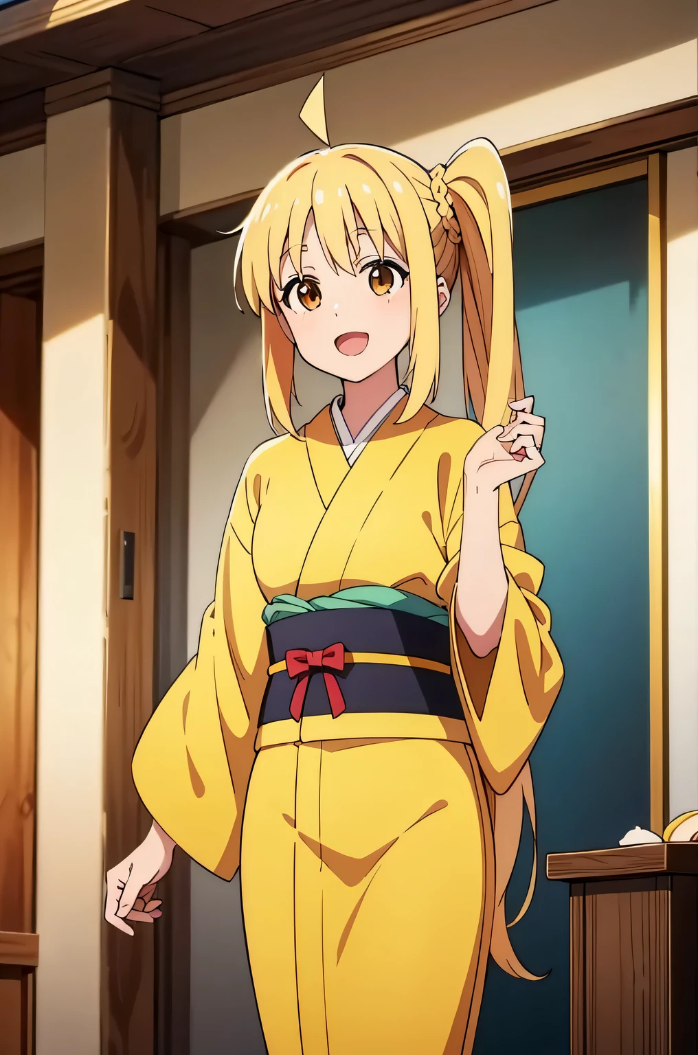 ijichi nijika, side ponytail, ahoge, yellow hair, brown eyes, yellow kimono, (best quality), (high quality), {masterpiece}, perfect hands, extremely delicate and beautiful, ultra-detailed, beautiful detailed eyes, first visit of the year to a shrine, smile, open mouth, standing