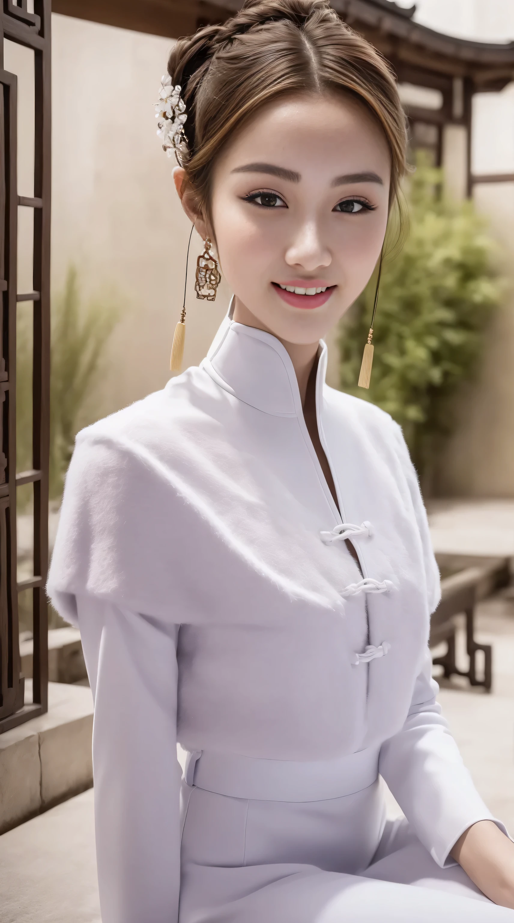 Fashion model 18 years old， [[[[close up]]]], [[[[rapeseed]]]], [[[[shoulder]]]], perfect  eyes, Perfect iris，perfect lips，perfect teeth，Perfect Skin，with fair skin，HighDynamicRange，Movie Girl，(delicated face)，(Highly defined faces)，((White antique casual wear)))，(((Ancient Chinese girly hairstyle)))，(((obscene exposure)))，(((Bigchest)))，（(((Ancient Chinese courtyard in the background)))，((legs separated))，(Lush greenery，flowers blooming)，((A smile of excitement and satisfaction on his face))，((Sexy and charming expression))，((looking at viewert))，4K Ultra HD, 超高分辨率, (realistically: 1.4), Best quality，tmasterpiece，（pastel colour：1.2)