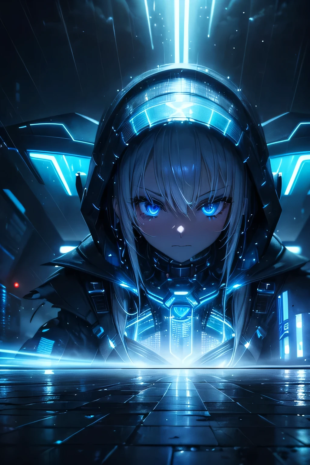 (Ultra detailed:1.3),(grainy:0.8), natural blue lighting, futuristic city, (raining:1.3), (dark:1.3), (fog:1.2), blue lights, neon lights AND girl, cape with hood, light logo, [cyberpunk clothing:torn fabric:0.35], blue lights, neon lights, menacing, sharp, (pointing weapon at the viewer:1.2),(Cold Colors:0.75), highly detailed, vibrant appearance, creative behavior, extremly detailed, imaginative, , spontaneous, highest quality, skin texture, intricate details, (cinematic lighting), RAW photo, 8k, masterpiece,best quality,ultra-detailed,very detailed illustrations,extremely detailed,intricate details,highres,super complex details,extremely detailed 8k cg wallpaper,