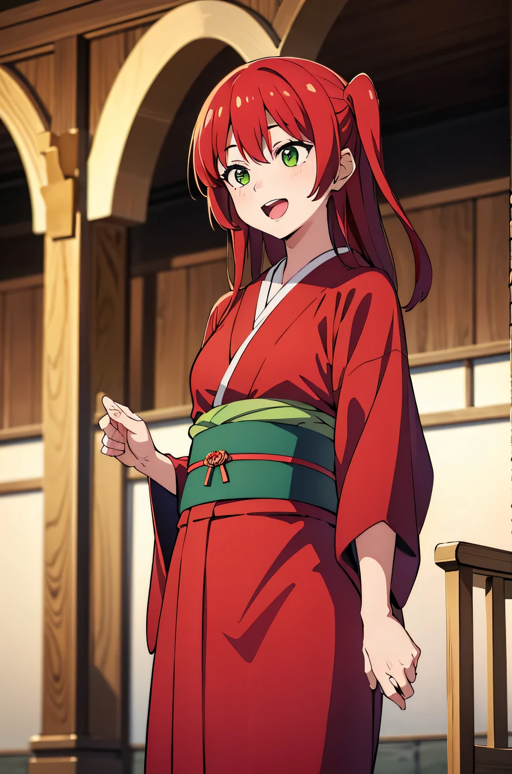 kita ikuyo, solo, one side up, red hair, green eyes, red kimono, (best quality), (high quality), {masterpiece}, perfect hands, extremely delicate and beautiful, ultra-detailed, beautiful detailed eyes, first visit of the year to a shrine, smile, open mouth, standing