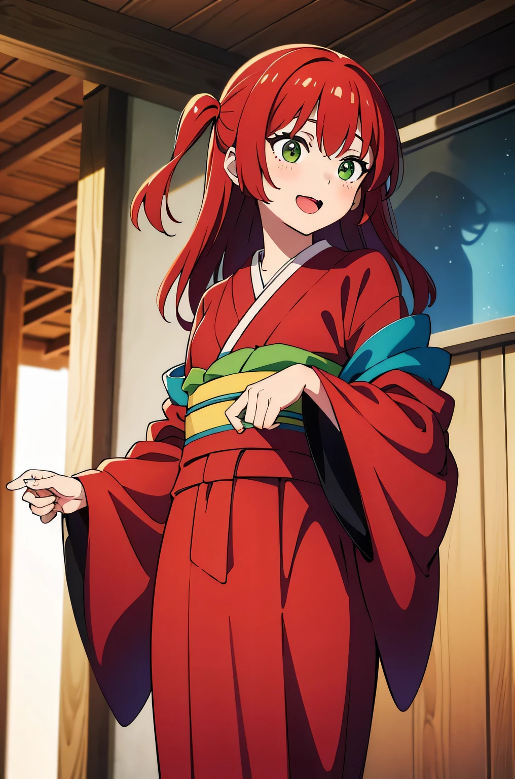 kita ikuyo, solo, one side up, red hair, green eyes, red kimono, (best quality), (high quality), {masterpiece}, perfect hands, extremely delicate and beautiful, ultra-detailed, beautiful detailed eyes, first visit of the year to a shrine, smile, open mouth, standing