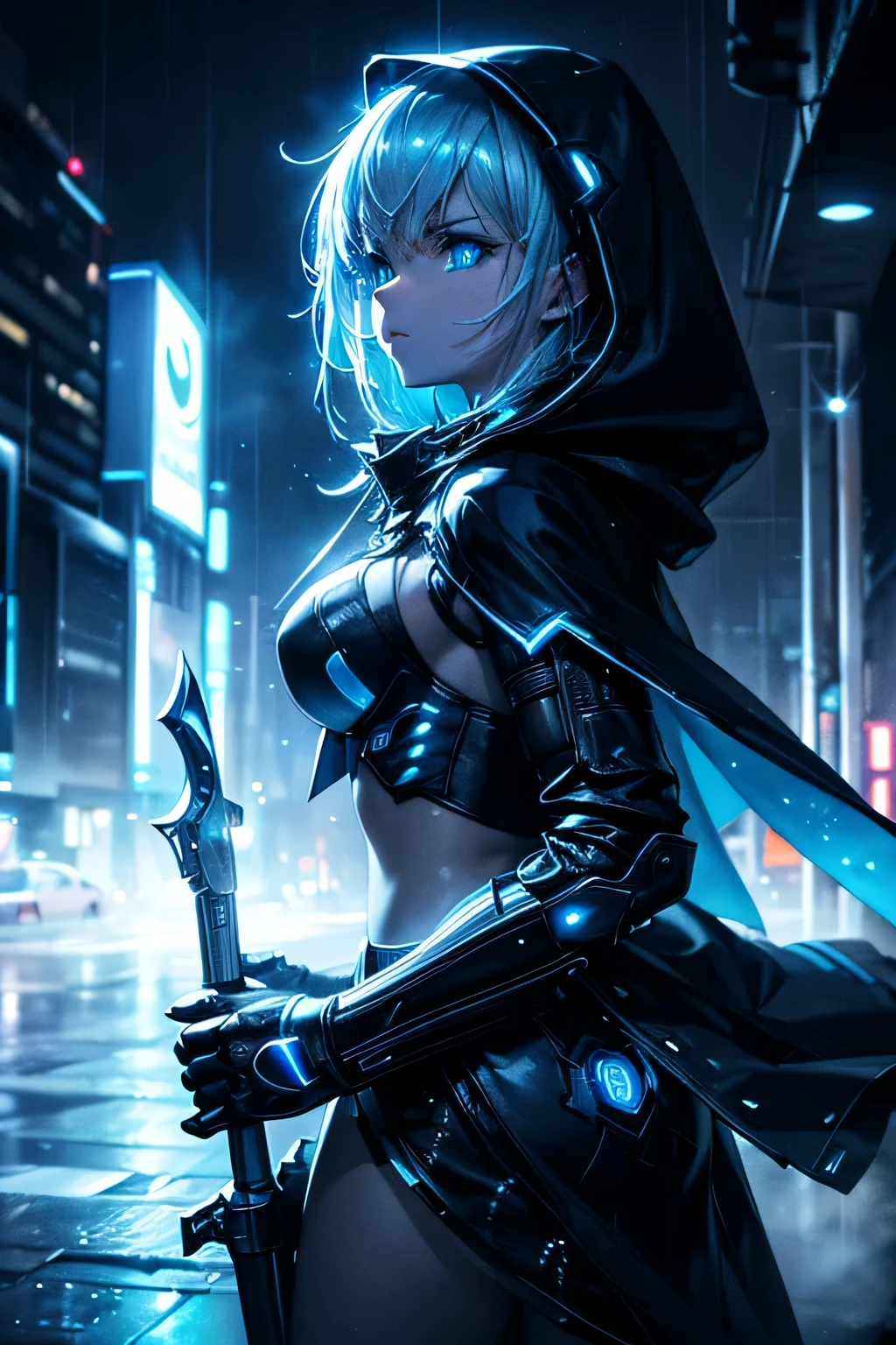 (Ultra detailed:1.3),(grainy:0.8), natural blue lighting, futuristic city, (raining:1.3), (dark:1.3), (fog:1.2), blue lights, neon lights AND girl, cape with hood, light logo, [cyberpunk clothing:torn fabric:0.35], blue lights, neon lights, menacing, sharp, (pointing weapon at the viewer:1.2),(Cold Colors:0.75), highly detailed, vibrant appearance, creative behavior, extremly detailed, imaginative, , spontaneous, highest quality, skin texture, intricate details, (cinematic lighting), RAW photo, 8k, masterpiece,best quality,ultra-detailed,very detailed illustrations,extremely detailed,intricate details,highres,super complex details,extremely detailed 8k cg wallpaper,