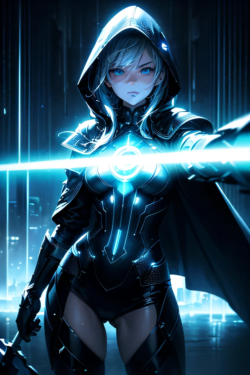 (Ultra detailed:1.3),(grainy:0.8), natural blue lighting, futuristic city, (raining:1.3), (dark:1.3), (fog:1.2), blue lights, neon lights and japanese girl, cape with hood, light logo, [cyberpunk clothing:torn fabric:0.35], blue lights, neon lights, menacing, sharp, (pointing weapon at the viewer:1.2),(Cold Colors:0.75), highly detailed, vibrant appearance, creative behavior, extremly detailed, imaginative, , spontaneous, highest quality, skin texture, intricate details, (cinematic lighting), RAW photo, 8k, masterpiece,best quality,ultra-detailed,very detailed illustrations,extremely detailed,intricate details,highres,super complex details,extremely detailed 8k cg wallpaper,