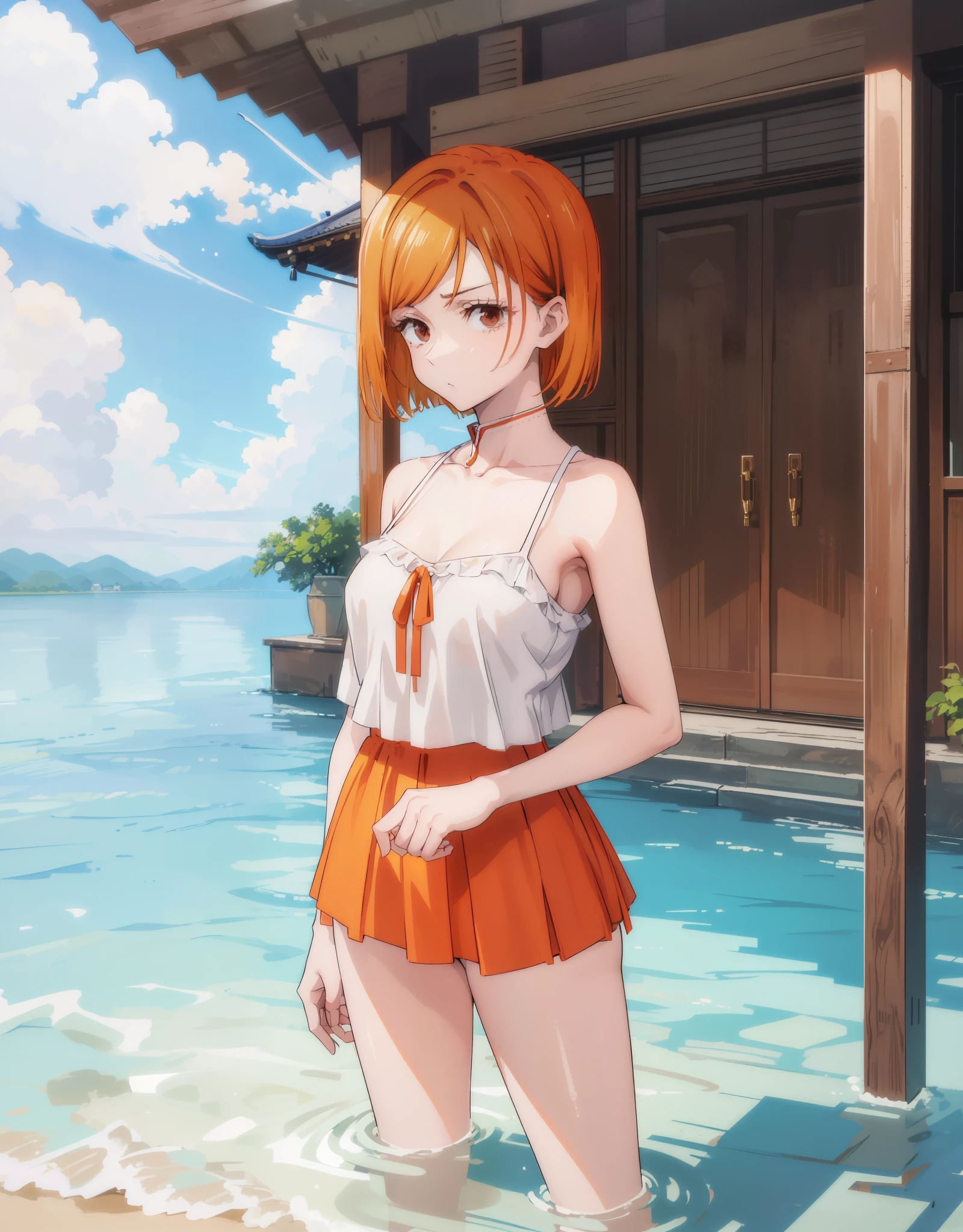 best quality, masterpiece, silhouette light, elpeople, (wariza:1.4), sweating a lot, orange bikini, (medium breast:1.4), messy and tiny japanese living room in night, round window, starry sky