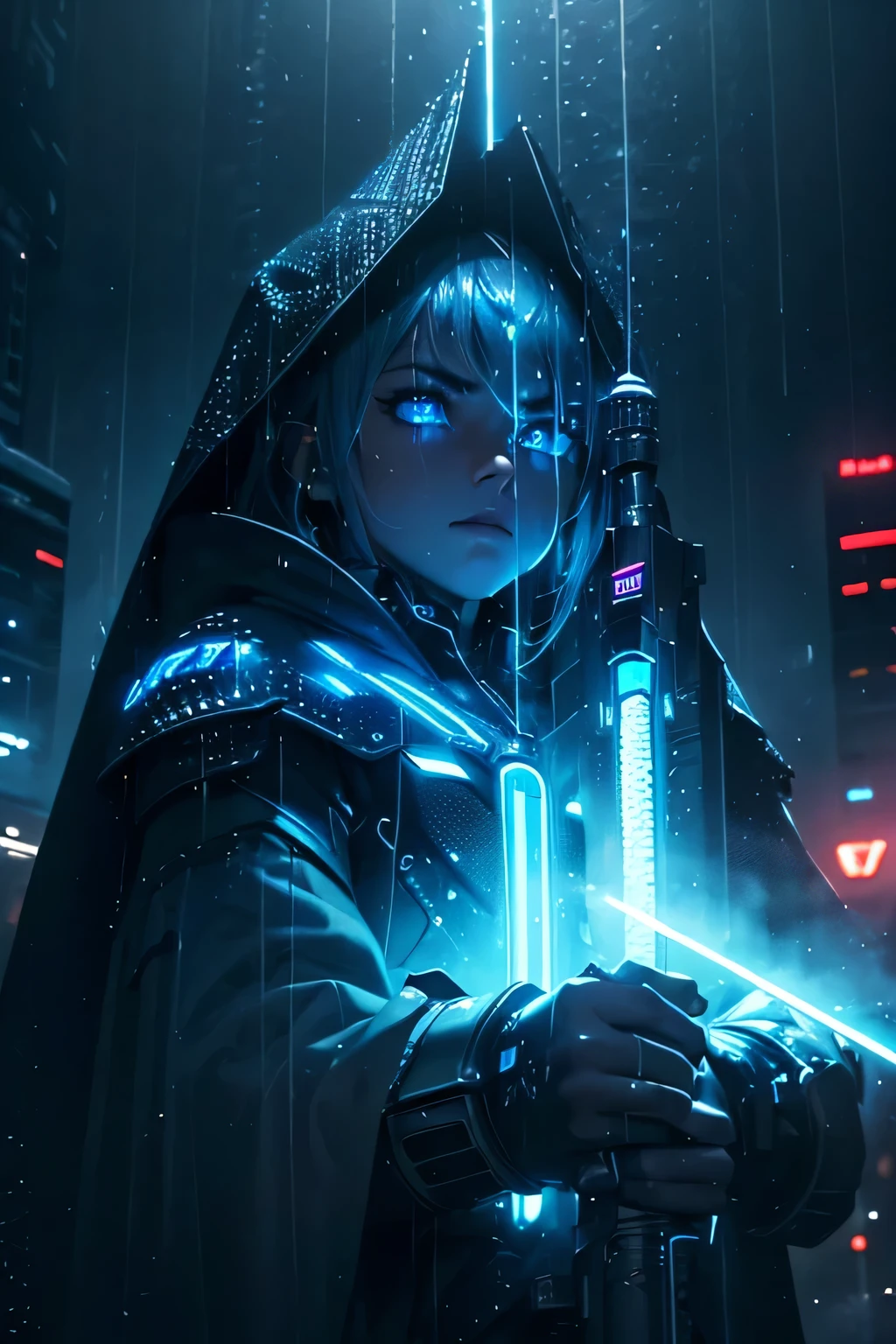 (Ultra detailed:1.3),(grainy:0.8), natural blue lighting, futuristic city, (raining:1.3), (dark:1.3), (fog:1.2), blue lights, neon lights AND girl, cape with hood, light logo, [cyberpunk clothing:torn fabric:0.35], blue lights, neon lights, menacing, sharp, (pointing weapon at the viewer:1.2),(Cold Colors:0.75), highly detailed, vibrant appearance, creative behavior, extremly detailed, imaginative, , spontaneous, highest quality, skin texture, intricate details, (cinematic lighting), RAW photo, 8k, masterpiece,best quality,ultra-detailed,very detailed illustrations,extremely detailed,intricate details,highres,super complex details,extremely detailed 8k cg wallpaper,