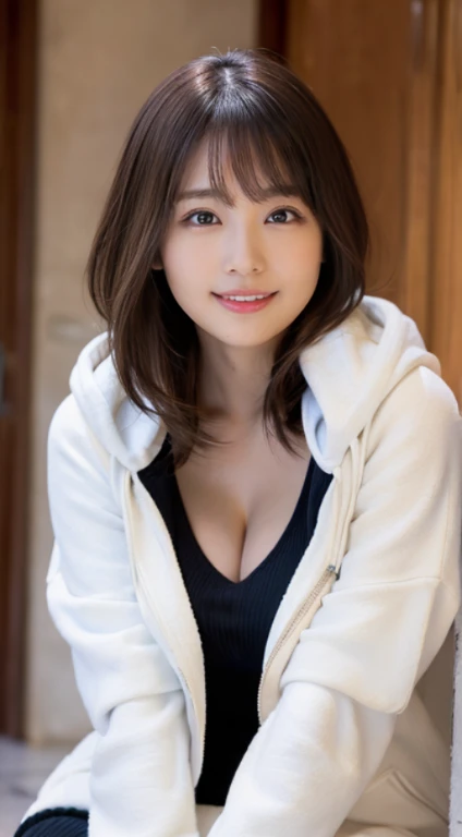 (Photorealistic), (ultra high realistic), (The ultra -The high-definition目), (ultra high detailed), (Increase contrast), (Increase saturation), (12 year old super beautiful girl), (light skinned)A pretty woman with perfect figure, Bright smile,, (Lifelike face), a short bob、Hair hanging over the ears, Realistic eyes, natural make up、beautiful detail, (real looking skin), Beautiful skins, enticing, The ultra -The high-definition, A hyper-realistic, Realistic, Very detailed,, bangss), (Tight black knit miniskirt dress、)(Outerwear is a short white hooded coat、Opening the front)(White knee high boots)japanese cute idol, I can see the cleavage) Brown hair,((Stylish café))Inviting Pose、Beautiful valley、beutiful breast、thin-waist、big butts、Crossed legs、squatting、Knee-deep angle