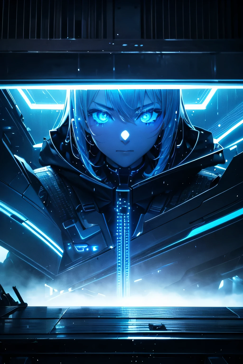 (Ultra detailed:1.3),(grainy:0.8), natural blue lighting, futuristic city, (raining:1.3), (dark:1.3), (fog:1.2), blue lights, neon lights AND japanese girl, cape with hood, light logo, [cyberpunk clothing:torn fabric:0.35], blue lights, neon lights, menacing, sharp, (pointing weapon at the viewer:1.2),(Cold Colors:0.75), highly detailed, vibrant appearance, creative behavior, extremly detailed, imaginative, , spontaneous, highest quality, skin texture, intricate details, (cinematic lighting), RAW photo, 8k, masterpiece,best quality,ultra-detailed,very detailed illustrations,extremely detailed,intricate details,highres,super complex details,extremely detailed 8k cg wallpaper,