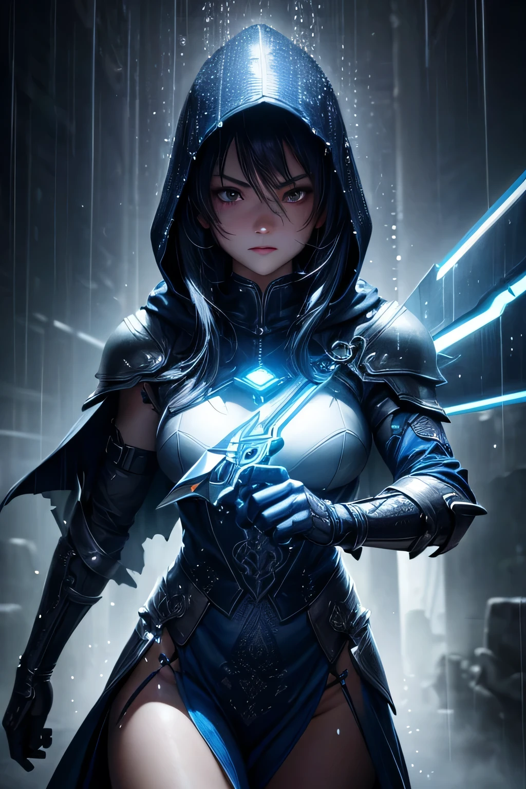 (Ultra detailed:1.3),(grainy:0.8), natural blue lighting, futuristic city, (raining:1.3), (dark:1.3), (fog:1.2), blue lights, neon lights, japanese girl, cape with hood, light logo, [cyberpunk clothing:torn fabric:0.35], blue lights, neon lights, menacing, sharp, (pointing weapon at the viewer:1.2),(Cold Colors:0.75), highly detailed, vibrant appearance, creative behavior, extremly detailed, imaginative, , spontaneous, highest quality, skin texture, intricate details, (cinematic lighting), RAW photo, 8k, masterpiece,best quality,ultra-detailed,very detailed illustrations,extremely detailed,intricate details,highres,super complex details,extremely detailed 8k cg wallpaper,