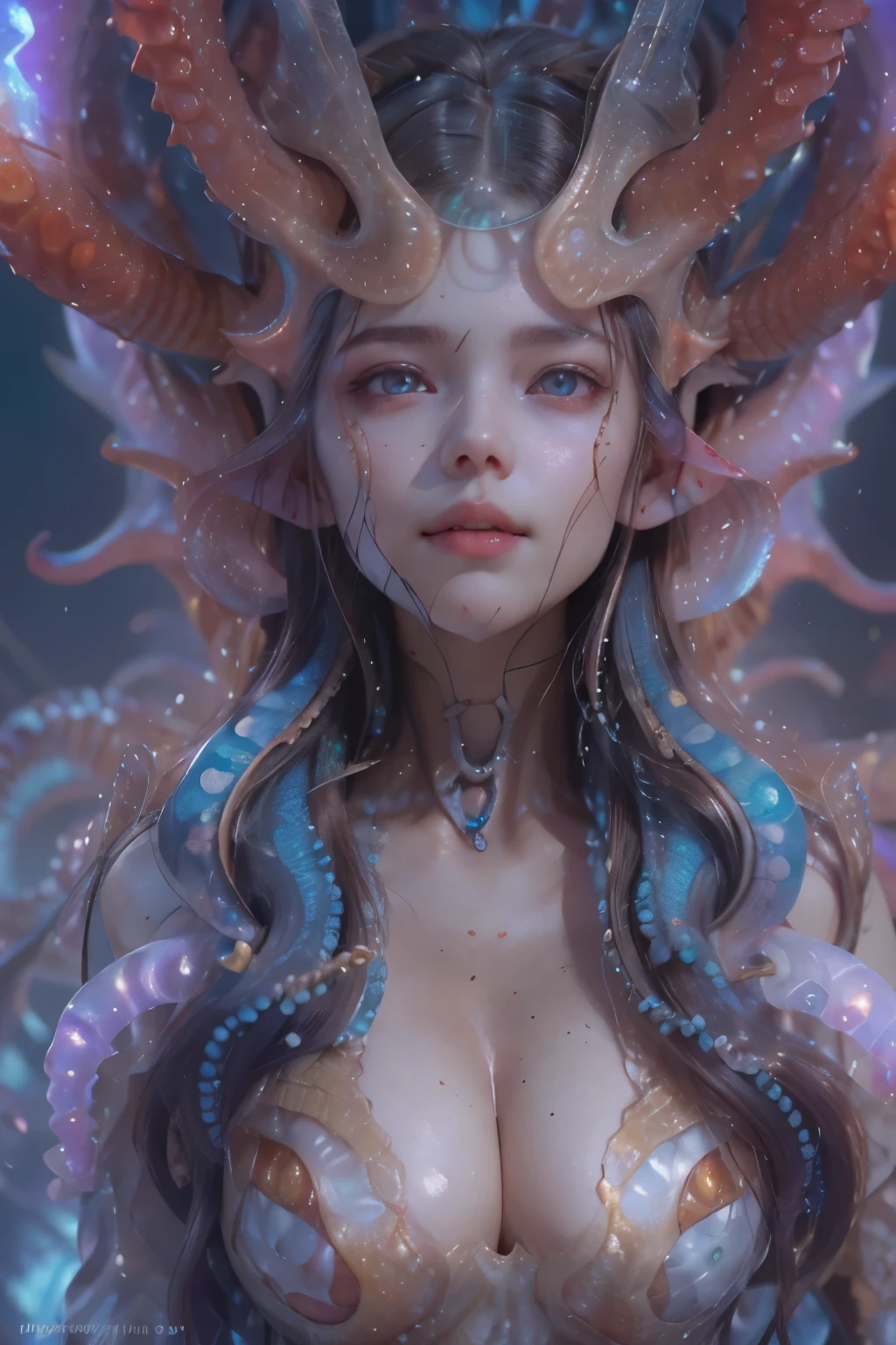 Portrait, (beautiful female alien:1.2), (she has red eyes with no pupils:1.8), (Translucent skin:1.7), (There is a female genital-like organ in the middle of the forehead:1.9), (The most beautiful face in the history of the universe:1.2),an evil gaze that seduces, (large mouth:1.1), (sharp teeth like a vampire:1.2), Full body like, (bio luminescent:1.5), (Smile wickedly:1.3), (sexypose:1.5), alien, No humans, cells are fused, (Lots of translucent tentacles:1.3) extraterrestrial, cell, bio image, Best Quality, 8K,4K_quality, High Definition, Dramatic Lighting, masutepiece:1.5,cinematic quality, detail up, (Intricate details:1.2), High resolution, High Definition, drawing faithfully, (Thick eyebrows:1.2), Beautiful eyes with fine symmetry,(Highly detailed face and eyes:1.2), Intimate face, (Super detailed skin quality feeling:1.4), Perfect Anatomy, (Beautiful toned body:1.5), (Moist skin:1.2), No makeup, (dark circles:1.1), long canines, cinematic drawing of characters, ultra high quality model, cinematic quality, detail up, (Intricate details:1.2), High resolution, High Definition, drawing faithfully, Official art, Unity 8K wall , 8K Portrait, Best Quality, Very High resolution, ultra detailed artistic photography, midnight aura, unreal enginee 5, Ultra Sharp Focus, art by alberto seveso, ArtGerm, Roisch, intricate artwork, best quality, masutepiece, ultra High resolution, (photos realistic:1.4), Ultra-realistic realism, dream-like, nautilus, Creation of fantasy, Snail, Dream Snail, (biopunk nautilus:1.3), Thrilling color schemes, Ultra-realistic realism, seductively smiling, Blue tentacles,