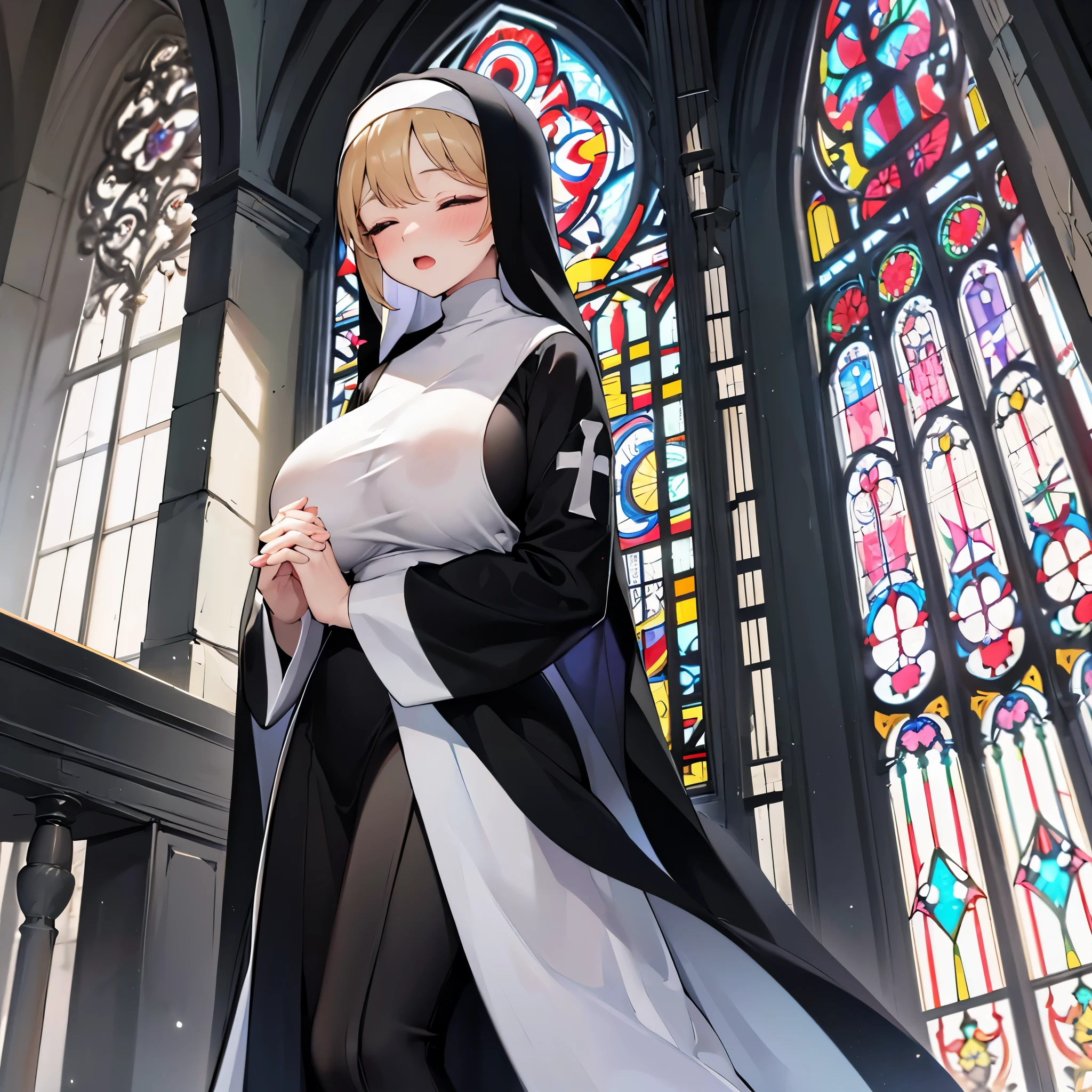 solo 1 praying num standing in church, praying with holding hands together over chest, very thin, long (black sheer nun's robe:1.3), wearing nothing under (black robe:1.3), (huge breasts:1.2), (black sheer long skirt:1.2), inconceivably thin waist, closing eyes, nose blush, open mouth, (heavy breathing:1.2), stained glass, full body, 8k