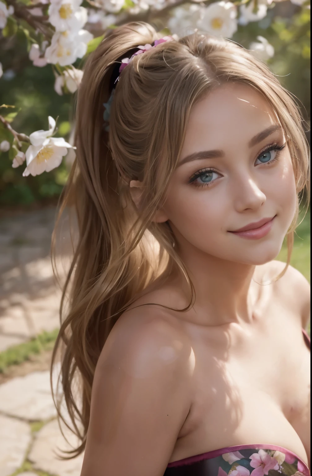 (8k, RAW photo, realistic, photo-realistic:1.5), masterpiece, best quality, high resolution, extremely detailed, detailed background, cinematic lighting, dynamic angle, lens flare, dramatic, 1girl, cute girl, solo, wind, pale-blonde hair, blue eyes, very long twintails, blue sky, laugh, flying petal, flowery field, sky, lavender, sun, field, fractal art,(all nude:1.5)、足を開く:1.1