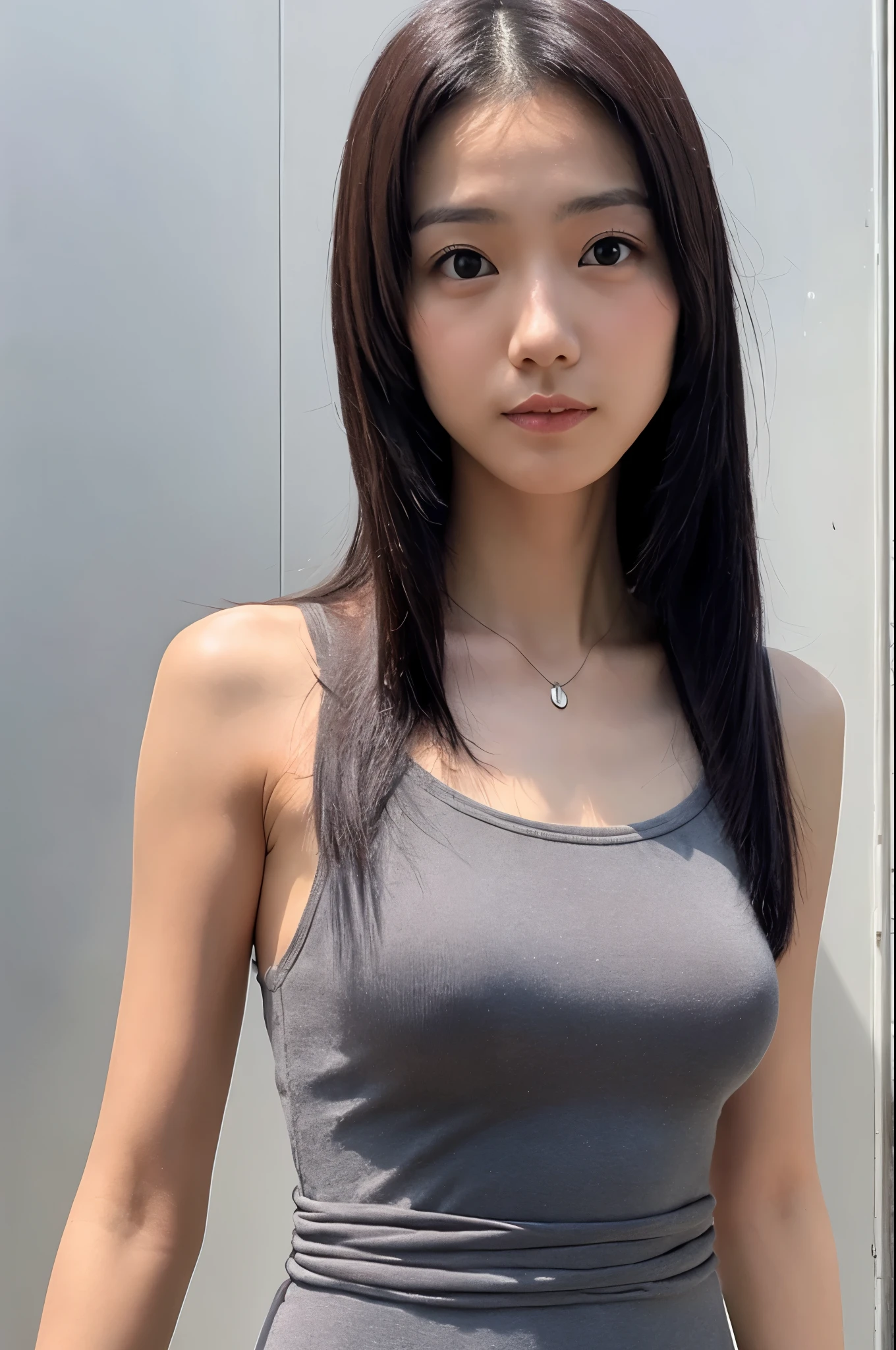 A Japanese lady, skinny figure, small breasts, extremely thin waist, beautiful face, beautiful eyes, natural make up, black long hair, wearing a tight grey dress with an open back design, looking back at your audience, 1girl in, solo, detailed face and eyes, detailed fingers and arms. Full body photo. Realistic, Photorealistic.