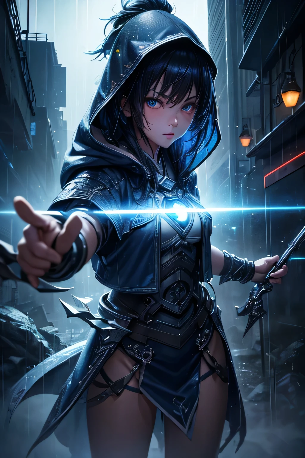 (Ultra detailed:1.3),(grainy:0.8), natural blue lighting, futuristic city, (raining:1.3), (dark:1.3), (fog:1.2), blue lights, neon lights, japanese girl, cape with hood, light logo, [cyberpunk clothing:torn fabric:0.35], blue lights, neon lights, menacing, sharp, (pointing weapon at the viewer:1.2),(Cold Colors:0.75), highly detailed, vibrant appearance, creative behavior, extremly detailed, imaginative, , spontaneous, highest quality, skin texture, intricate details, (cinematic lighting), RAW photo, 8k, masterpiece,best quality,ultra-detailed,very detailed illustrations,extremely detailed,intricate details,highres,super complex details,extremely detailed 8k cg wallpaper,