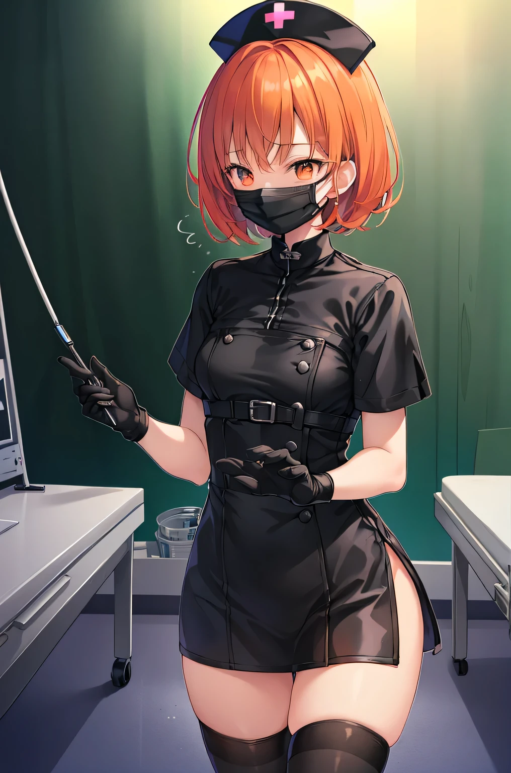 black nurse, 1girl, solo, black nurse cap, black wear, ((black legwear, zettai ryouiki)), black elbow gloves, very short hair, orange hair, ((black surgical mask, covered nose)), standing, ((surgery room)), sharp outline, short sleeves, tomboy, boyish, best quality, masterpiece