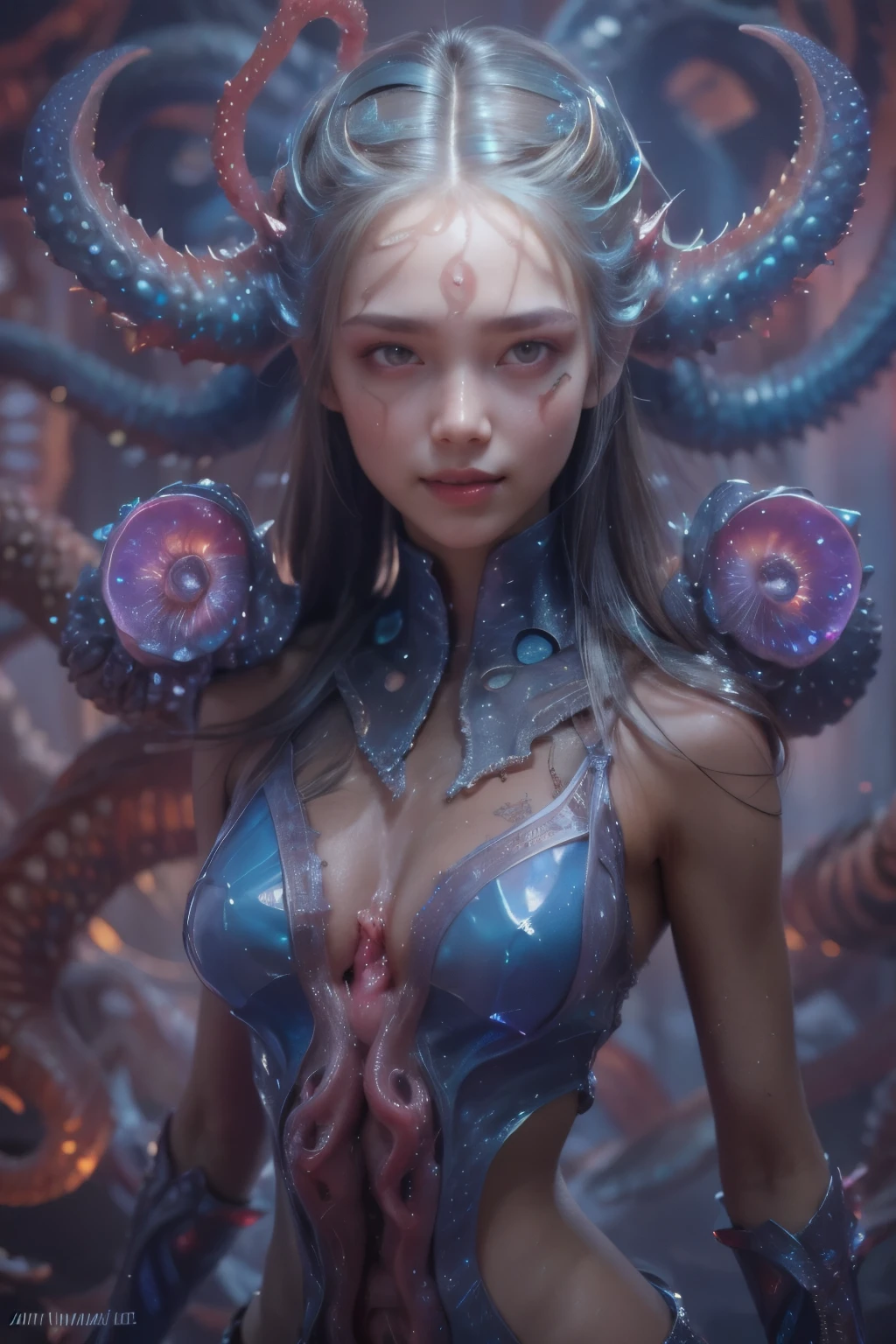 Portrait, (beautiful female alien:1.2), (she has red eyes with no pupils:1.8), (Translucent skin:1.7), (There is a female genital-like organ in the middle of the forehead:1.9), (The most beautiful face in the history of the universe:1.2),an evil gaze that seduces, (large mouth:1.1), (sharp teeth like a vampire:1.2), Full body like, (bio luminescent:1.5), (Smile wickedly:1.3), (sexypose:1.5), alien, No humans, cells are fused, (Lots of translucent tentacles:1.3) extraterrestrial, cell, bio image, Best Quality, 8K,4K_quality, High Definition, Dramatic Lighting, masutepiece:1.5,cinematic quality, detail up, (Intricate details:1.2), High resolution, High Definition, drawing faithfully, (Thick eyebrows:1.2), Beautiful eyes with fine symmetry,(Highly detailed face and eyes:1.2), Intimate face, (Super detailed skin quality feeling:1.4), Perfect Anatomy, (Beautiful toned body:1.5), (Moist skin:1.2), No makeup, (dark circles:1.1), long canines, cinematic drawing of characters, ultra high quality model, cinematic quality, detail up, (Intricate details:1.2), High resolution, High Definition, drawing faithfully, Official art, Unity 8K wall , 8K Portrait, Best Quality, Very High resolution, ultra detailed artistic photography, midnight aura, unreal enginee 5, Ultra Sharp Focus, art by alberto seveso, ArtGerm, Roisch, intricate artwork, best quality, masutepiece, ultra High resolution, (photos realistic:1.4), Ultra-realistic realism, dream-like, nautilus, Creation of fantasy, Snail, Dream Snail, (biopunk nautilus:1.3), Thrilling color schemes, Ultra-realistic realism, seductively smiling, Blue tentacles,