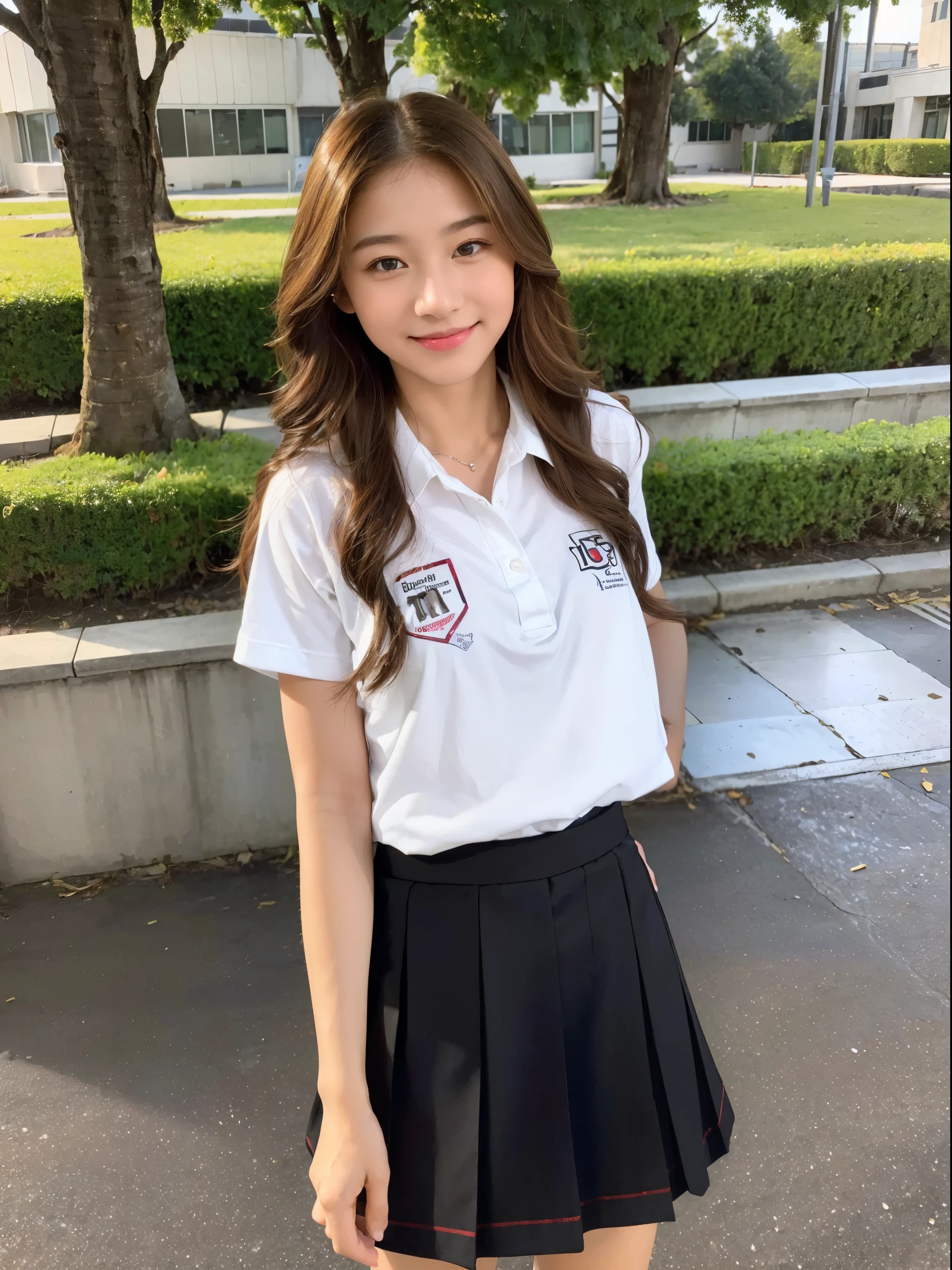 (bestquality:1.4), (ultra highres:1.2), (photorealistic portrait:1.4), (10, RAW photo:1.2),(portrait shot:1.print, 1girls, bara, long-haired, looking at the audience, smile, brunette hair, Brown eyes, School uniform, White shirt, Black Skirt, outdoor,