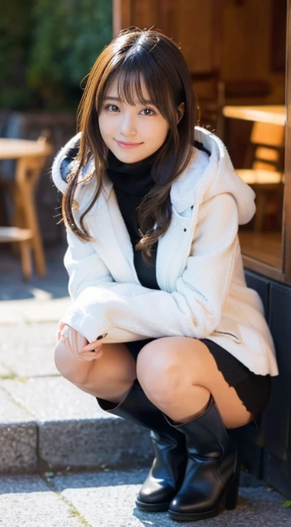 (Photorealistic), (ultra high realistic), (The ultra -The high-definition目), (ultra high detailed), (Increase contrast), (Increase saturation), (12 year old super beautiful girl), (light skinned)A pretty woman with perfect figure, Bright smile,, (Lifelike face), a short bob、Hair hanging over the ears, Realistic eyes, natural make up、beautiful detail, (real looking skin), Beautiful skins, enticing, The ultra -The high-definition, A hyper-realistic, Realistic, Very detailed,, bangss), (Tight black knit miniskirt dress、)(Outerwear is a short white hooded coat、Opening the front)(White knee high boots)japanese cute idol, I can see the cleavage) Brown hair,((Stylish café))、Beautiful valley、beutiful breast、thin-waist、big butts、squatting、Knee-deep angle