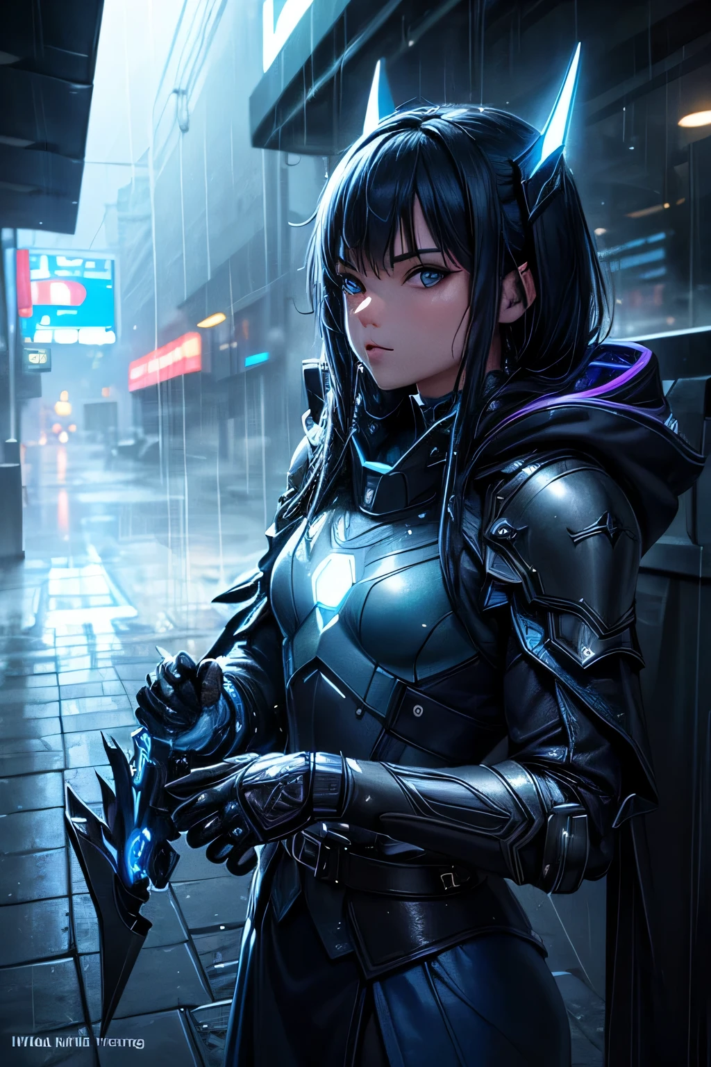 (Ultra detailed:1.3),(grainy:0.8), natural blue lighting, futuristic city, (raining:1.3), (dark:1.3), (fog:1.2), blue lights, neon lights, japanese girl, cape with hood, light logo, [cyberpunk clothing:torn fabric:0.35], blue lights, neon lights, menacing, sharp, (pointing weapon at the viewer:1.2),(Cold Colors:0.75), highly detailed, vibrant appearance, creative behavior, extremly detailed, imaginative, , spontaneous, highest quality, skin texture, intricate details, (cinematic lighting), RAW photo, 8k, masterpiece,best quality,ultra-detailed,very detailed illustrations,extremely detailed,intricate details,highres,super complex details,extremely detailed 8k cg wallpaper,