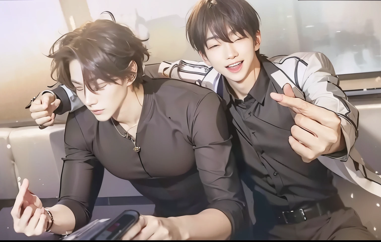 korean man smiling with eyes closed with short hair wearing white coat, black blouse, belt and pants while doing the finger heart. next to him is a korean man slightly smiling with a slightly muscular build wearing a black blouse while doing the finger heart.