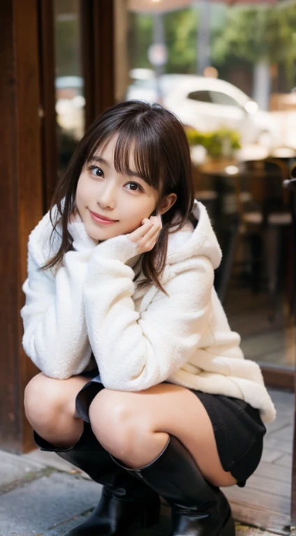 (Photorealistic), (ultra high realistic), (The ultra -The high-definition目), (ultra high detailed), (Increase contrast), (Increase saturation), ( super beautiful girl), (light skinned)A pretty woman with perfect figure, Bright smile,, (Lifelike face), a short bob、Hair hanging over the ears, Realistic eyes, natural make up、beautiful detail, (real looking skin), Beautiful skins, enticing, The ultra -The high-definition, A hyper-realistic, Realistic, Very detailed,, bangss), (Tight black knit miniskirt dress、)(Outerwear is a short white hooded coat、Opening the front)(White knee high boots)japanese cute idol, I can see the cleavage) Brown hair,((Stylish café))、Beautiful valley、beutiful breast、thin-waist、big butts、squatting、Knee-deep angle