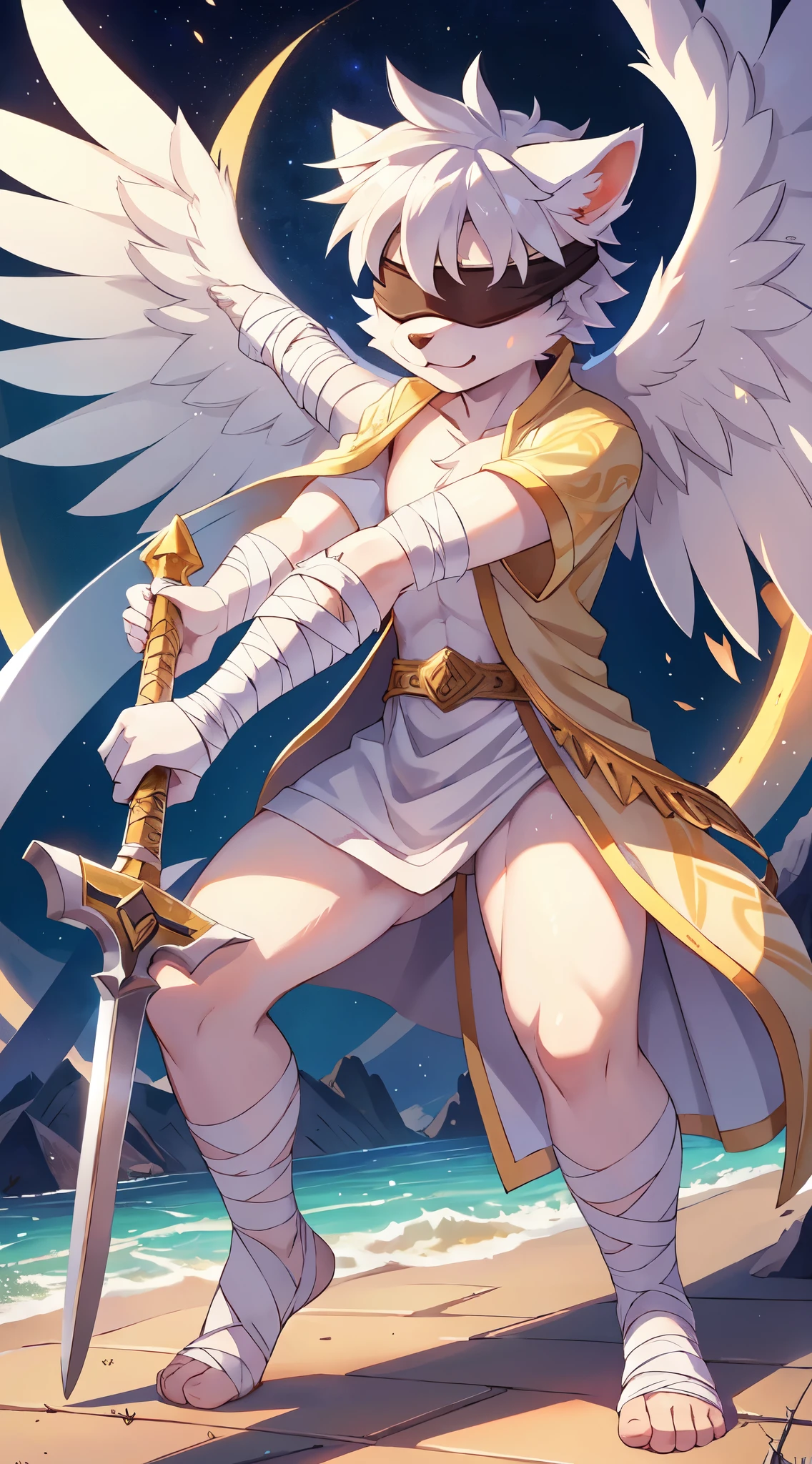 Furry boy, cat, white body fur, spiky hairstyle, silver hair, ((blindfolded, body bandages, white toga with golden pattern, open clothes)), white wings, angel, full body, feets whit three toes, :3, detailed body fur, detailed body, detailed face, glistering body, shiny body, clear sky, heaven, gorgeous body, masterpiece, high quality, holding a light sword, action pose,