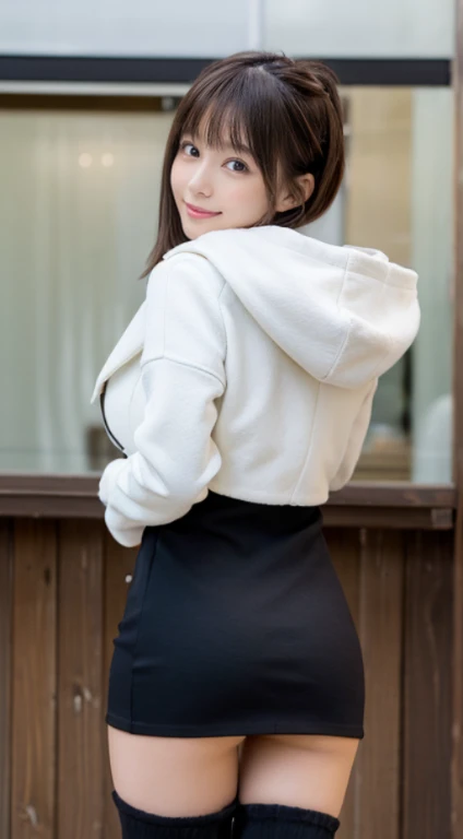 (Photorealistic), (ultra high realistic), (The ultra -The high-definition目), (ultra high detailed), (Increase contrast), (Increase saturation), (12 year old super beautiful girl), (light skinned)A pretty woman with perfect figure, Bright smile,, (Lifelike face), a short bob、Hair hanging over the ears, Realistic eyes, natural make up、beautiful detail, (real looking skin), Beautiful skins, enticing, The ultra -The high-definition, A hyper-realistic, Realistic, Very detailed,, bangss), (Tight black knit miniskirt dress、)(Outerwear is a short white hooded coat、Opening the front)(White knee high boots)japanese cute idol, I can see the cleavage) Brown hair,cafes、Sexy pose with butt sticking out、Beautiful valley、beutiful breast、thin-waist、big butts、Posing looking back、Medium full shot from behind、Knee-deep angle