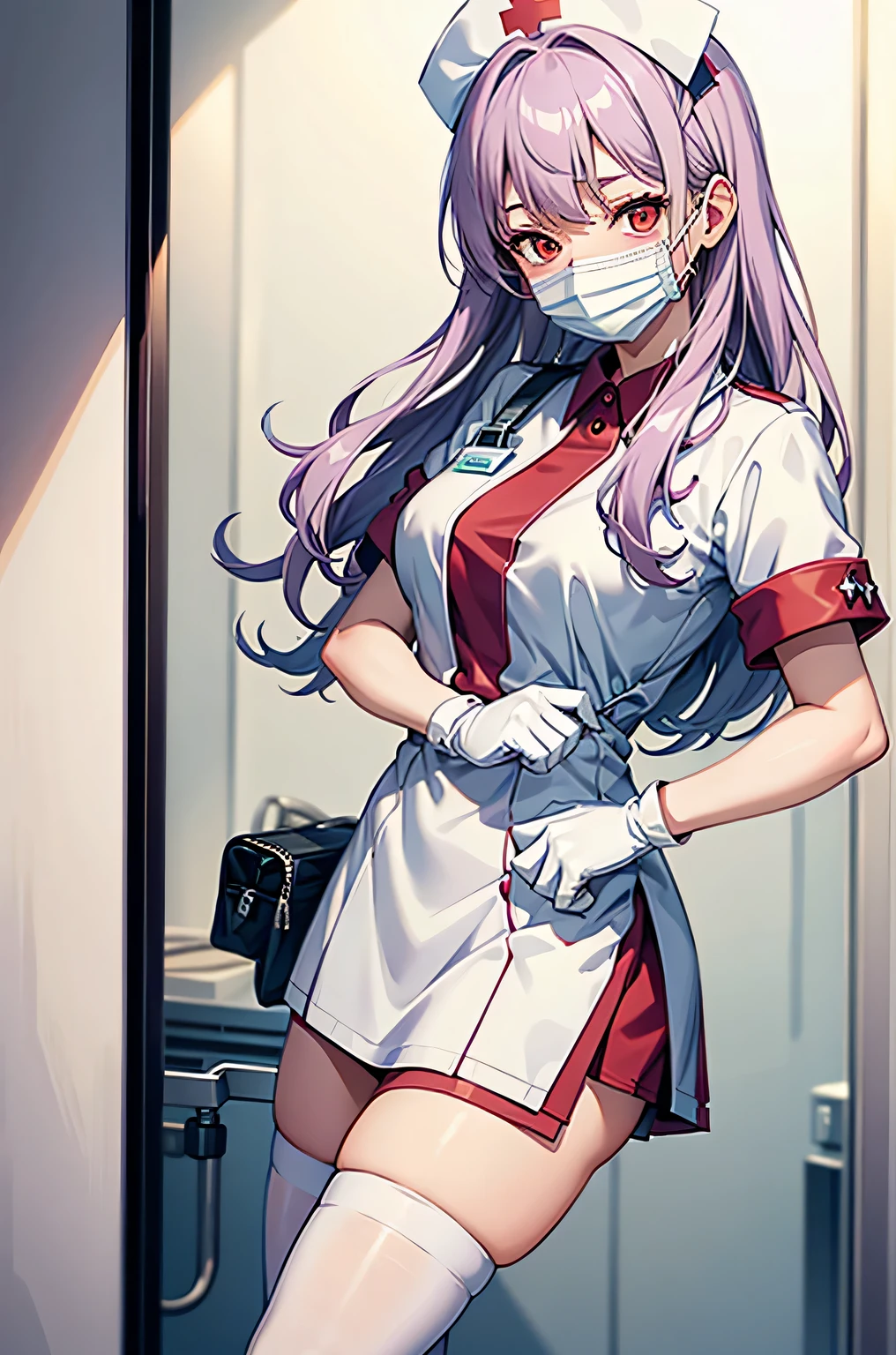 1woman, solo, nurse, white nurse cap, white nurse uniform, ((white legwear, zettai ryouiki)), white gloves, pink hair, green eyes, drooping eyes, ((white surgical mask, covered nose)), standing, ((hospital room)), sharp outline, short sleeves, mature female, 32 years old, best quality, masterpiece