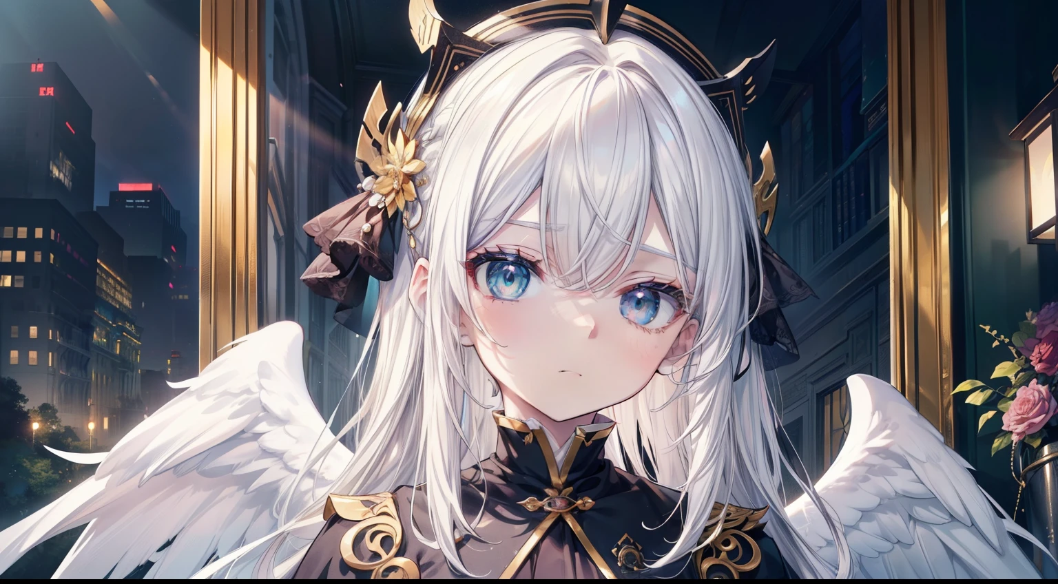 (masutepiece, Best Quality), Intricate details, 8K, Sharp focus quality) (Detailed skin:1.3) (Intricate details) (8K) (Detailed eyes) (Anime) 、Man's character, Soft hair, Long hair, (White hair), Light green eyes,(((Male child))、 Man's, Anime Man's, frontage, 素敵なMan's子, Perfect face, Detailed eyes, Bold background, Detailed accessories, Unique costumes, Sharp eyes, Man's, A young man, Idol, bright colour, pale skin, (angelicales)、(angelicalesの光輪)、((2枚のangelicalesの羽)) Defined features, Model, Symbolism, Comfortable clothing, Dark room, Cluttered room, Indoors, Detailed background, Bold colors, bold outline, Sharp face, Nighttime, Night, Pose, Handsome, sleepy, Tired, drooing eyes