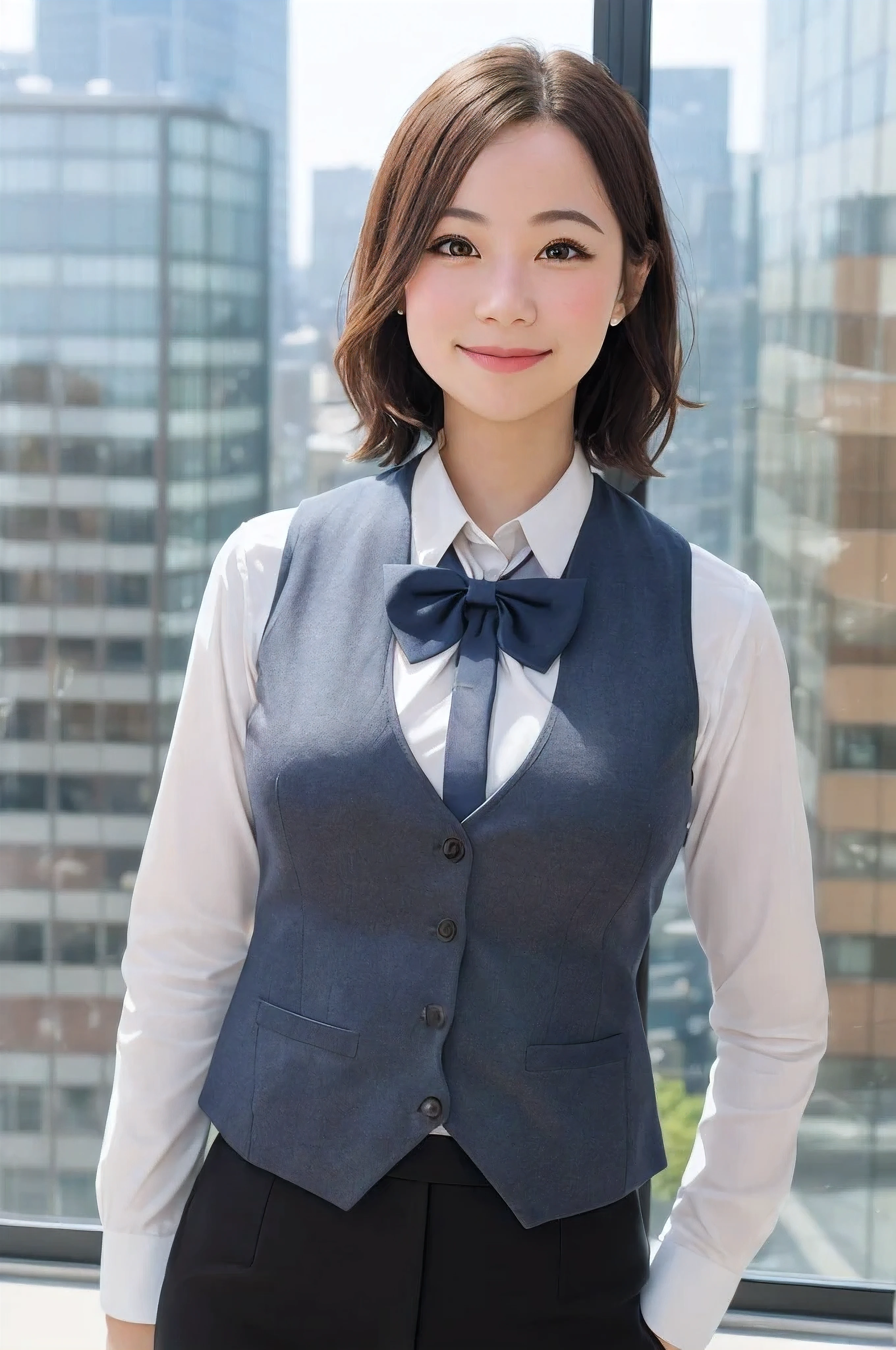 1girl, matured female, vest, bow, photo, realistic, best quality, hires, detailed face, office, buildings from window, detailed background, diffused sunlight, depth of field, bokeh