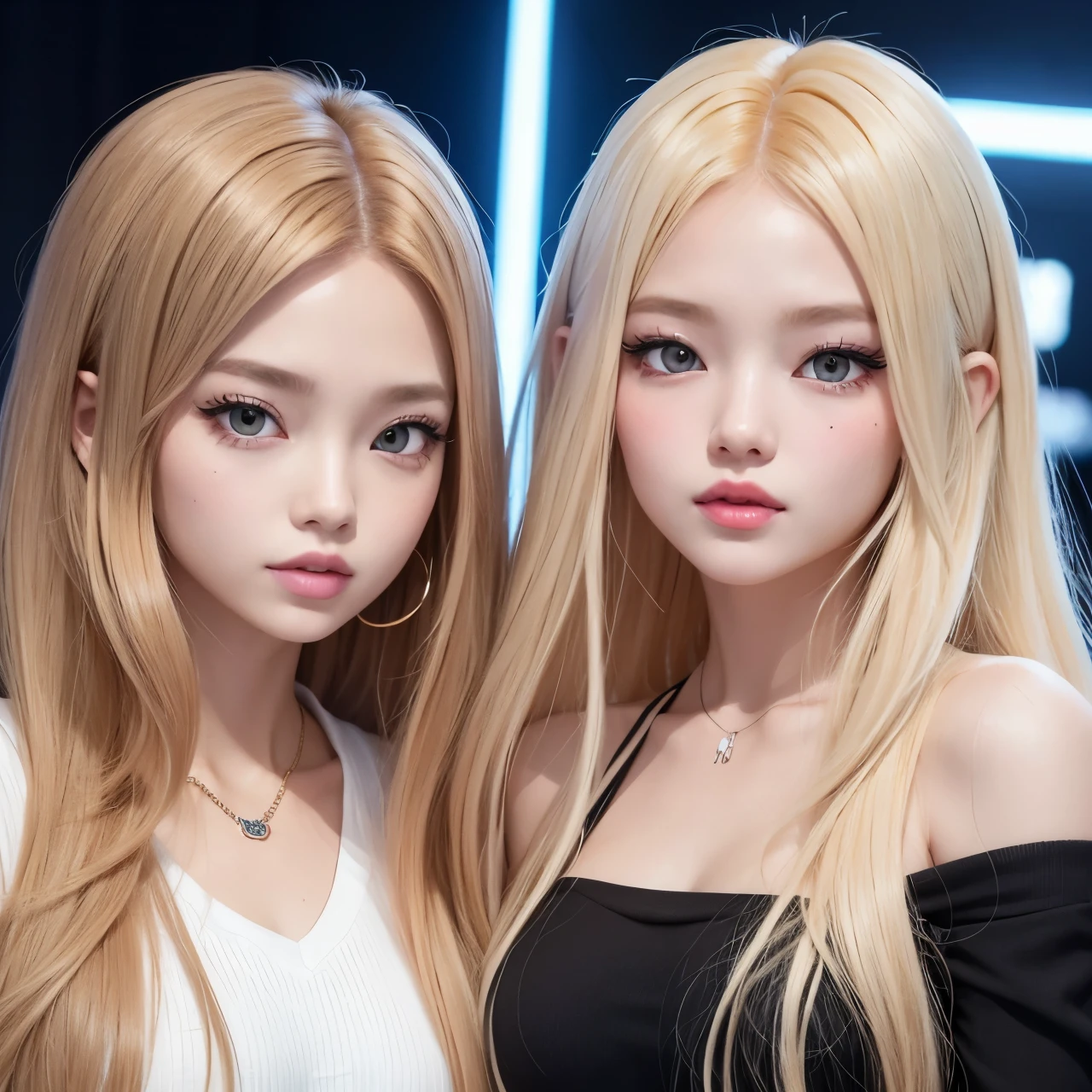 une jolie idolgirl avec de longs cheveux blond clair en 2D et une frange droite, membre de Blackpink regardant la caméra (style "jeu Zepeto") 2d