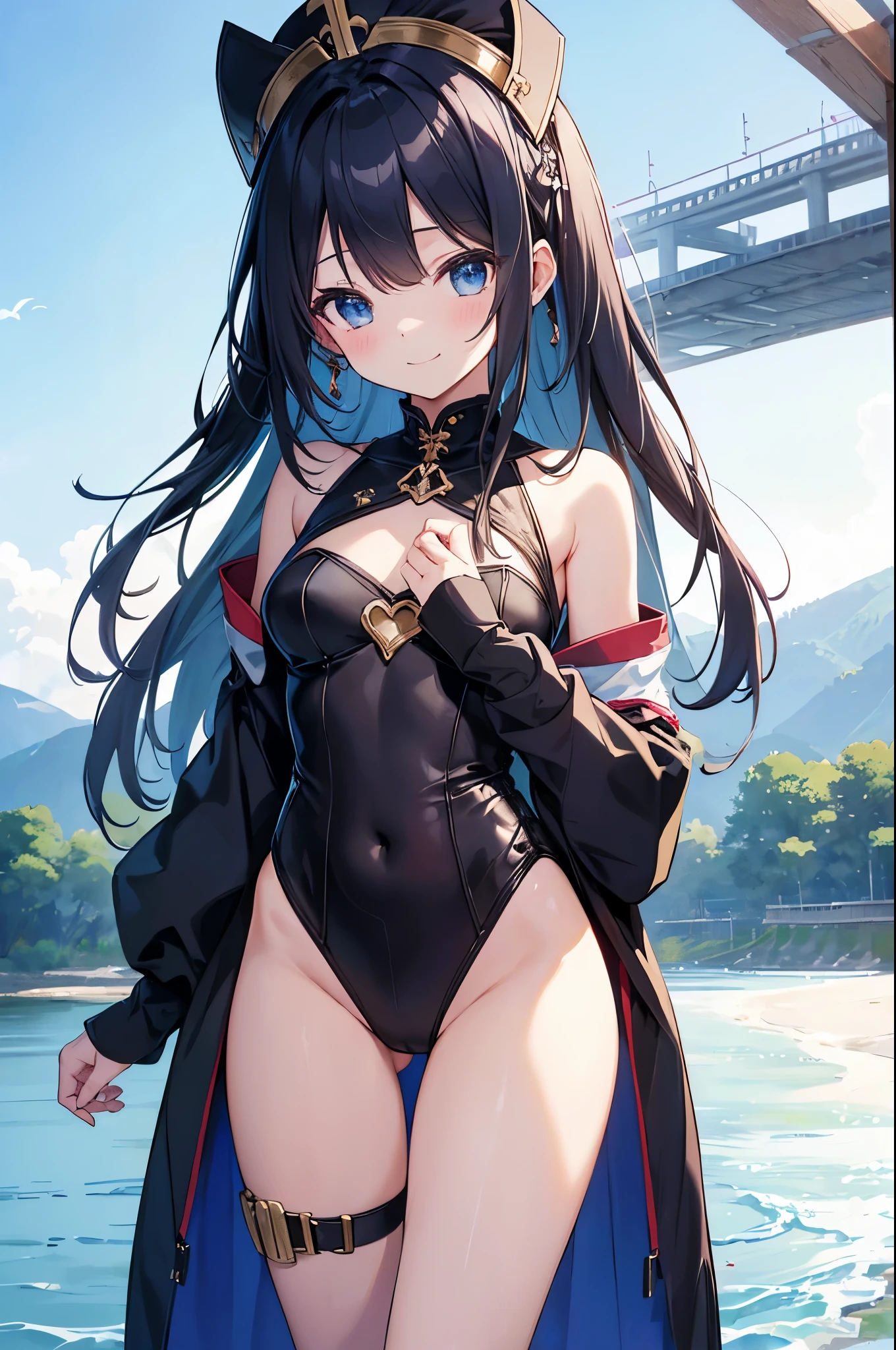 ((masuter piece、4k、8k、top-quality、perfect fingers: 1.3、perfect anatomia: 1.3、Background blur))、(is standing、Full body depiction、wide Shots)、((8years old、Super Cute Girl、long straight hair、bright pattern) leotard: 1.3、cute decorative headband)、(blushing、Close one eye and smile)、((Meadow by the river with blue sky))、knights、priest、s Armor、A warrior、a sorceress、