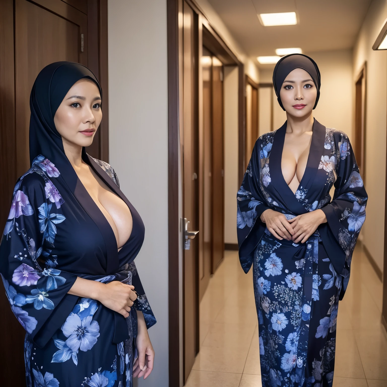 54 years Old, Hijab Indonesian mature woman, Ulta-Gigantic Tits :98.7, Tight Yukata, Slim body, Breast about To burst out, at doctor office, Dark light, at Nighttime