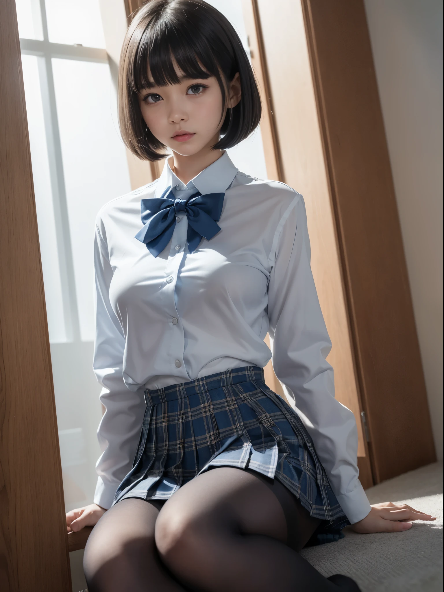 (((Airy permed bob cut)))、(Underwear is visible)、((細いThe eye))、((細いThe eye))、((細いThe eye))、(8K、生a picturegraphy、top-quality、masterpiece:1.2),、Has a small、(flat breast)、(flat breast)、(flat breast)、(flat breast)、(flat breast)、(being thin)、light skinned、skin whitening、Dark look、Rasping,glamor,light skinned肌,cocky,School,watching at viewers,Looking at the front,Erotic,Pupils,de pele branca,kne,((Black pantyhose)),absurderes,a small face,,Forehead visible,Bangs hanging from the left and right sides of the forehead,(a cold expression,The eyeがきつめ,glares,Bullish,irate)、masterpiece,top-quality、超A high resolution,生a picture,ren,Beautiful fece,One Person, 独奏,eye glass,,Dark look,Small breasts,fullllbody,まるeye glass,JK school uniform,hi-school girl,A Japanese Lady,is standing,(Photorealsitic:1.37)、Photon mapping,Realistic、Beautie,Cute little face,ブラウンThe eye、Black socks、(Red bow tie)、Radio City、Physically Based Rendering、depth of field rally background、a picture,Body,beauty legs, Long legs, Thin leg,(Bangs are visible), hair, s lips, Blue_The eye, nosesoft,(Light blue shirt), (Navy and blue and white plaid pleated skirt), kneが見える,Sheer clothing,, Thigh, Black cotton socks,Nogizaka Idol, , Japanese ido、look up to、