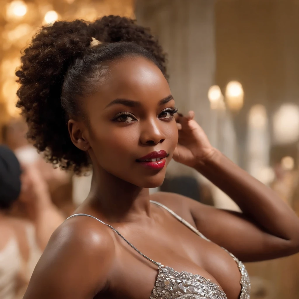 ((Dark African skin, Very deep ebony skin)), ((Its beauty  undeniable)), ((Excited cute face)), ((Hyper detailed perfect eyes,)), ((pose mignonne)), ((Langue sortie)), ((Seductive )), ((wine, chic)), ((Afro ponytail with long African curly hair,)), (( peau)), ((debout, vue de face)), ((toucher ses propres jambes dans une pose sexy)), ((indoor, party, dancing, club, people in the background)), Sharp Focus CGI, photoreallistic, High detail, Realstic, Masterpiece, absurdes, Best quality, Hdr, High quality, high-definition, Extremely detailed, 8k wallpaper, Intricate details, 8K UHD, Full-HD, (photo realist:1.2), contraste, intense illumination, lighting cinematic, natural lighting, veilleuse, Nuit, Illumination globale, Laughing out loud, a la piscine African women、Female sexy, the hague