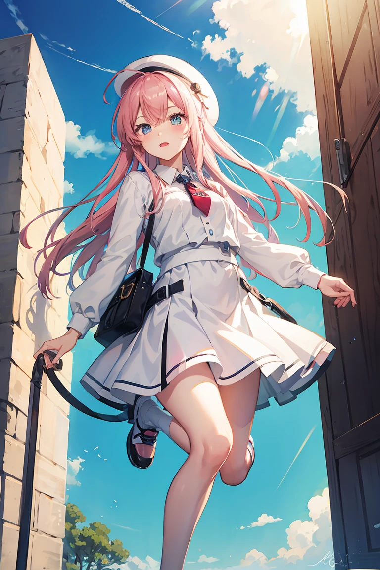 hight resolution, A pink-haired,blue-sky,Pure white skirt,Hats,blue-sky,jumpping