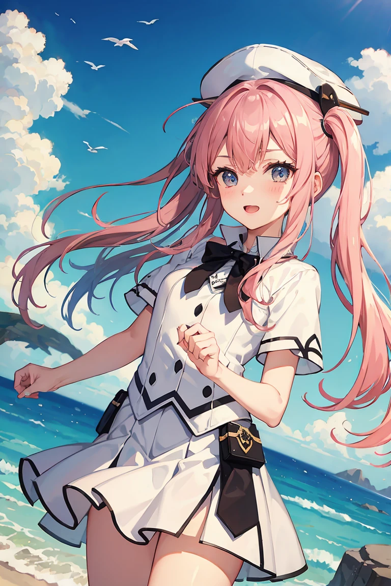 hight resolution, A pink-haired,blue-sky,Pure white skirt,Hats,blue-sky,jumpping