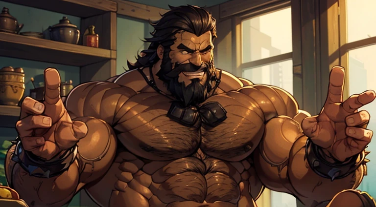 A naked muscular hairy man with a brown skin, a big amount of chest hair, a black beard, black hair, with big dick and cum on his abs and some scars, raising both hands wide open as he is smirking while having a side smile, let him have a pierced in his nipple and make him in the style of Overwatch characters as Cassidy reference.
