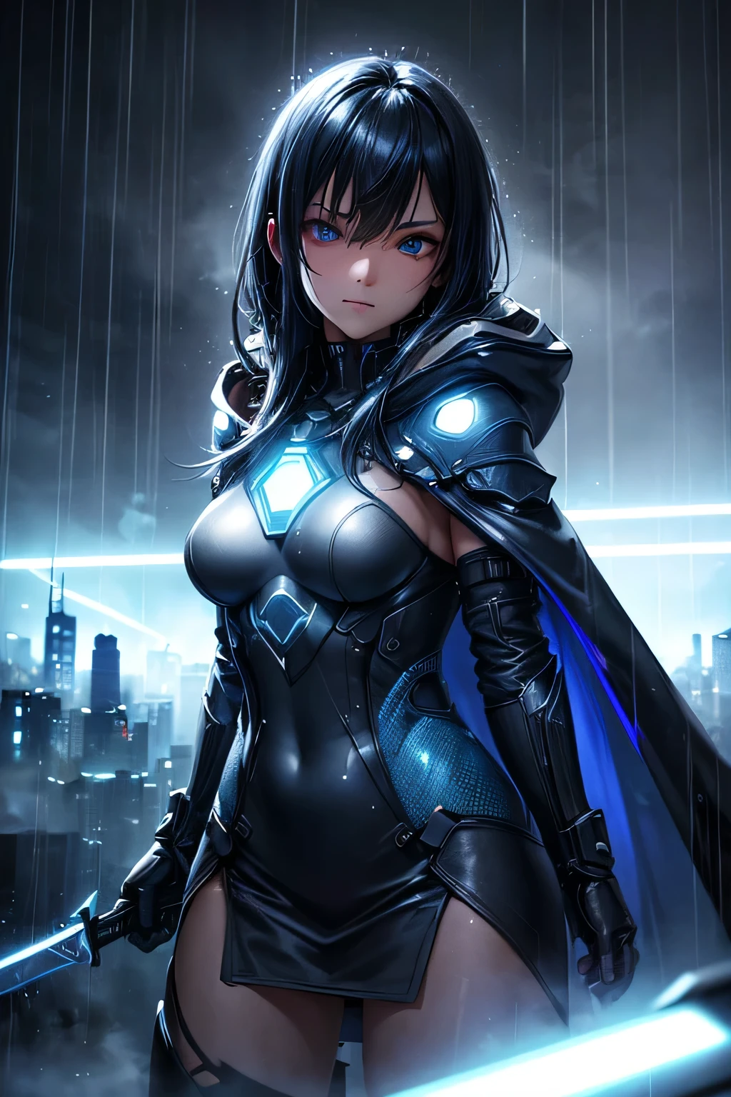 (Ultra detailed:1.3),(grainy:0.8), natural blue lighting, futuristic city, (raining:1.3), (dark:1.3), (fog:1.2), blue lights, neon lights, japanese girl, cape with hood, light logo, [cyberpunk clothing:torn fabric:0.35], blue lights, neon lights, menacing, sharp, (pointing weapon at the viewer:1.2),(Cold Colors:0.75), highly detailed, vibrant appearance, creative behavior, extremly detailed, imaginative, , spontaneous, highest quality, skin texture, intricate details, (cinematic lighting), RAW photo, 8k, masterpiece,best quality,ultra-detailed,very detailed illustrations,extremely detailed,intricate details,highres,super complex details,extremely detailed 8k cg wallpaper,