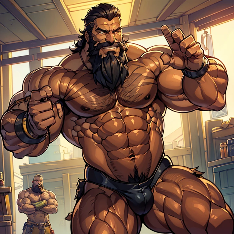 A naked muscular hairy man with a brown skin, a big amount of chest hair, a black beard, black hair, with big dick and cum on his abs and some scars, raising both hands wide open as he is smirking while having a side smile, let him have a pierced in his nipple and make him in the style of Overwatch characters as Cassidy reference.