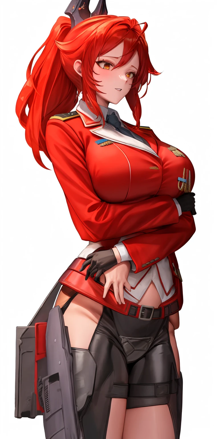 Red_Hood \\(Nikke)\\, Military uniform, (Big breast, Detailed retina, Red hair, ponytail), 4k, winning award, cyber horn, high rank officer