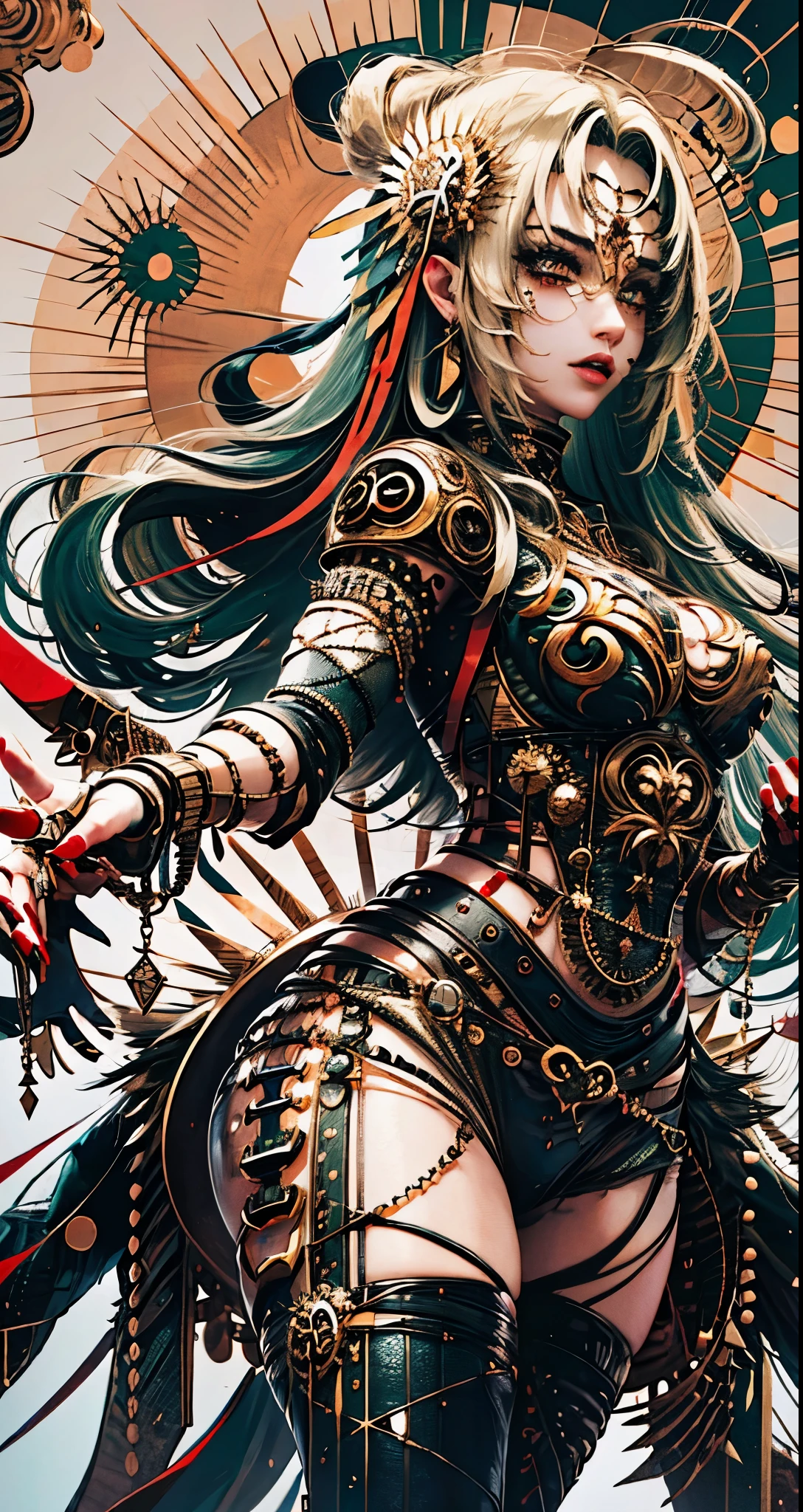 anime or manga style art, which is a girl with dragon horns, her hair is emerald green and her eyes are green, with cat-shaped pupils, she has a black cloak with a white blouse and black pants with boots brown, she is around 20 years old, with a sword with sharp dragon details and about 50 cm long --auto --s2