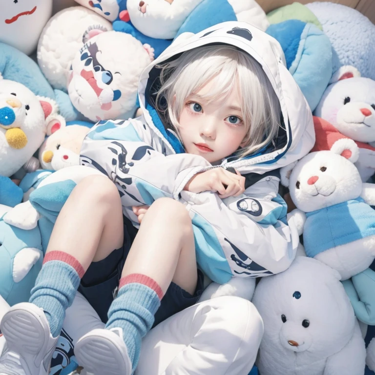Anime boy lying among a pile of stuffed toys, The highest rating on PixiV, Popular topics on artstation pixiv, guweiz on pixiv artstation, pixiv, guweiz on artstation pixiv, Digital art on Pixiv, splash ink art anime , Popularity on pixiv, In Pixiv, Guweiz style artwork