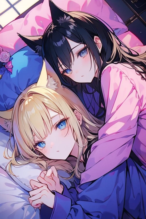 Unparalleled beauty,face perfect、Bedrooms、Lying in bed、(twogirls,lesbian relationship),Perfect Eye、Blue Eye、 By Shinkai Makoto、Animal ears、Animal tail、a blonde and a black hair、nightwear、もこもこのs Pajamas、Warm、s Pajamas、what will happen then??'Sleeping、smil、