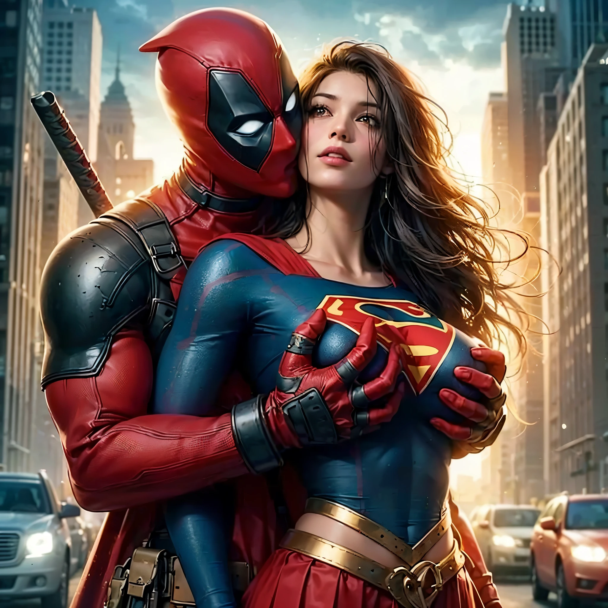 deadpool hug supwerwoman from behind, holding her breast, large breast, masterpiece, best quality:1.2),,(8k,highres,RAW photo,realistic,photo-realistic:1.3),(detailed skin texture,detailed cloth texture,beautiful detailed face:1.25),professional lighting,photon mapping,beautiful soft light,radiosity,physically-based rendering,raytracing, model shoot style, model shoot style, (extremely detailed CG unity 8k wallpaper), full shot body photo of the most beautiful artwork in the world