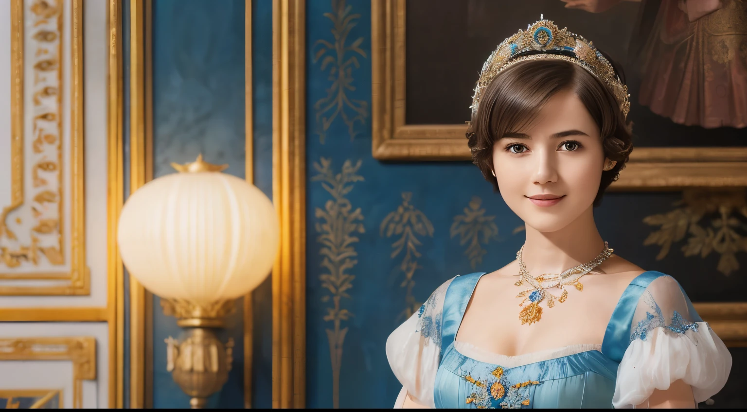 142
(a 20 yo woman,in the palace), (A hyper-realistic), (high-level image quality), ((beautiful hairstyle 46)), ((short-hair:1.46)), (kindly smile), (breasted:1.1), (lipsticks), (wearing a blue dress), (murky,wide,Luxurious room), (florals), (an oil painting、Rembrandt)