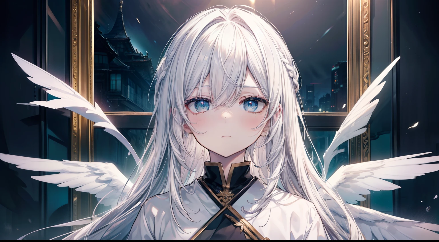 (masutepiece, Best Quality), Intricate details, 8K, Sharp focus quality) (Detailed skin:1.3) (Intricate details) (8K) (Detailed eyes) (Anime) 、Man's character, Soft hair, Long hair, (White hair), Light green eyes,(((Male child))、 Man's, Anime Man's, frontage, 素敵なMan's子, Perfect face, Detailed eyes, Bold background, Detailed accessories, Unique costumes, Sharp eyes, Man's, A young man, Idol, bright colour, pale skin, (angelicales)、(angelicalesの光輪)、((2枚のangelicalesの羽)) Defined features, Model, Symbolism, Comfortable clothing, Dark room, Cluttered room, Indoors, Watches、Detailed background, Bold colors, bold outline, Sharp face, Nighttime, Night, Pose, Handsome, sleepy, Tired, drooing eyes