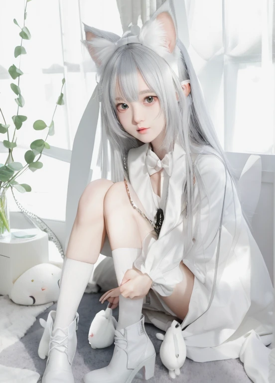 anime girl sitting on a pile of stuffed animals, The white catss girl, cute anime catssgirl, anime girl with catss ears, very beautiful anime catss girl, beautiful anime catssgirl, from the night of the ark, The white ( catss ) girl, The highest rating on PixiV, anime catssgirl, nightcore, the anime girl is crouching, cute anime, Hot topics on pixiv