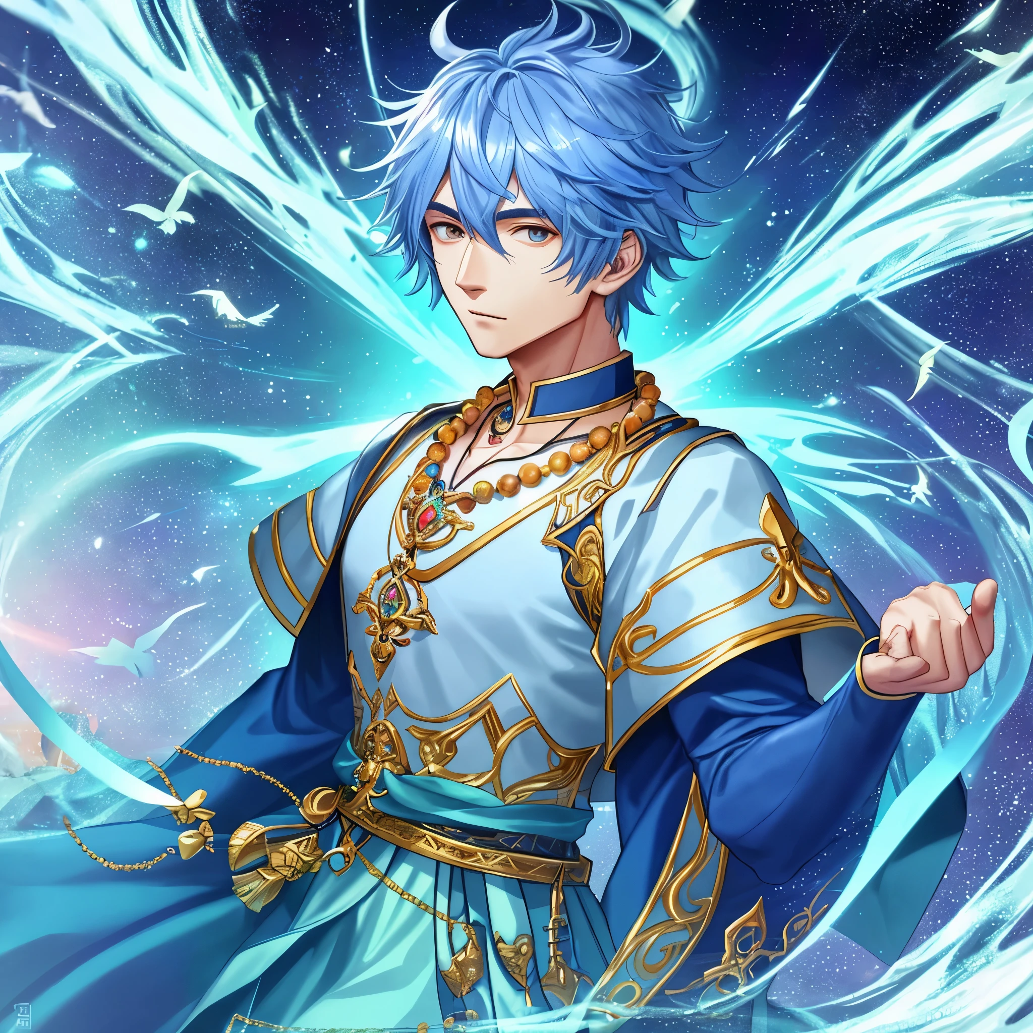 1 male、1 male human、a necklace、mystical、Facing the front、face forwards