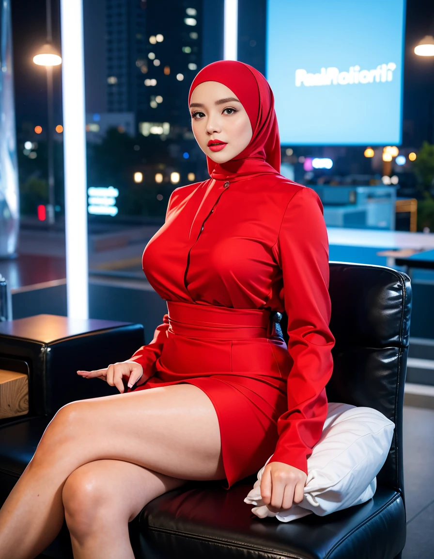 (8k, RAW photo, highest quality, masterpiece: 1.2), (realistic, photorealistic: 1.37), 1 girl, malay people, 32 years old, female, wearing hijab, Tokyo cityscape, night, professional lighting, photon mapping, radiosity, ripped, big, see-through and very small in size, tips protruding, areola protruding, pubic shape clearly visible, gal, Lots of lashes, lame eyelids, bright red lips, black heels, pubic hair, bristles on the lower abdomen, slender, crotch open, are big and are about to spill out of bra, uniform is wiped, pubic hair is very protruding,